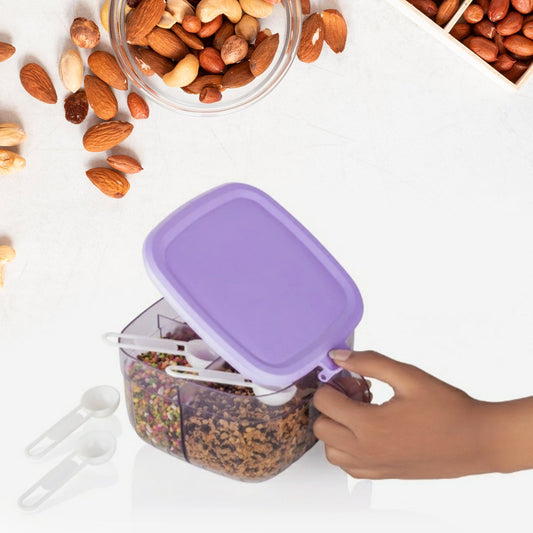 5784 Multipurpose Dry fruit Set, Chocolate, Snacks Storage Box, Masala Box  for Home and Kitchen Airtight Dry Fruit Plastic Storage Container Tray Set With Lid & 4 Compartment, 4 Spoon Container for Sweets,Chips,Cookies | (1 Pc )