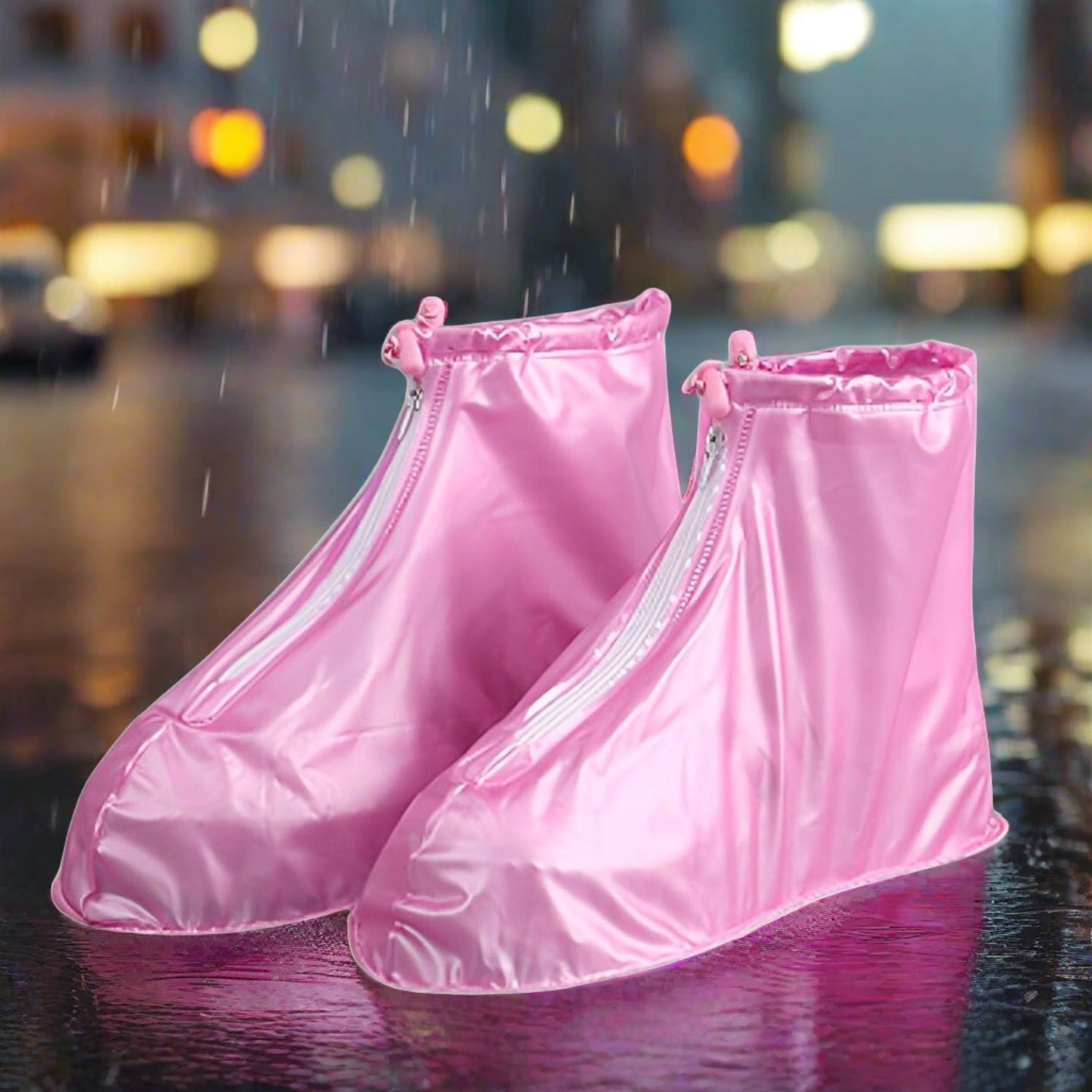 17976 Plastic Shoes Cover Reusable Anti-Slip Boots Zippered Overshoes Covers Transparent Waterproof Snow Rain Boots for Kids / Adult Shoes, for Rainy Season (1 Pair / Pink)