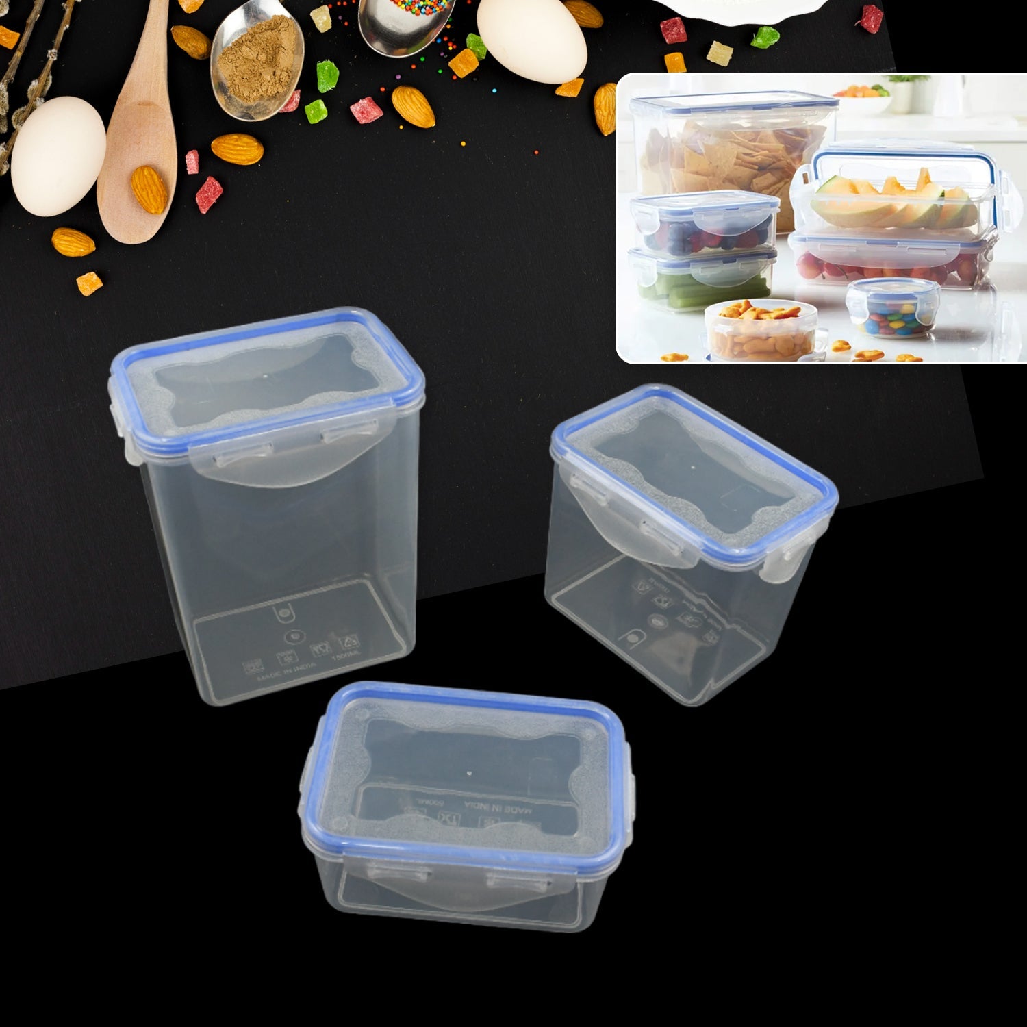 Food storage container set, 3 pieces with air seal lids.