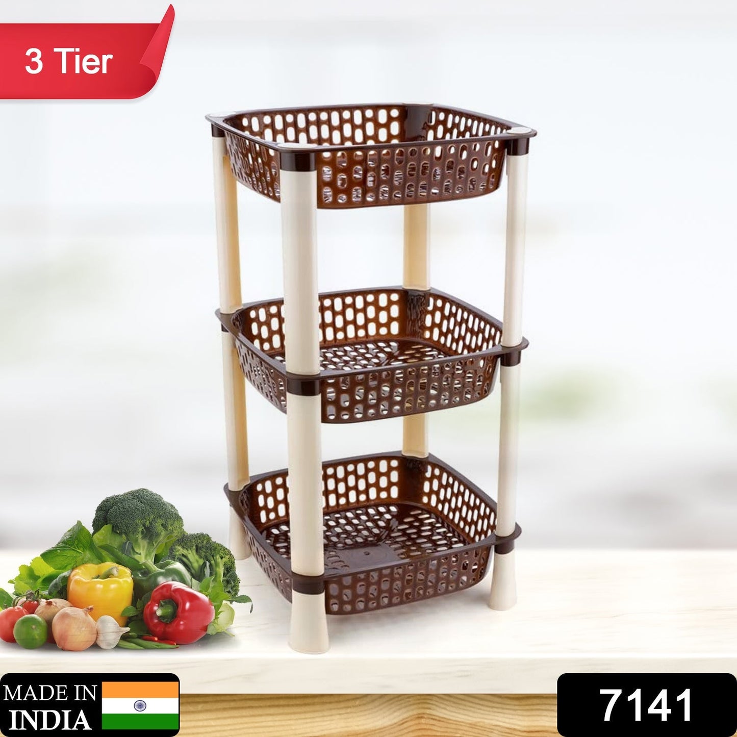 7141 Multi-Purpose 3tier Square Shape Kitchen Storage Basket Rack for Kitchen, Bedroom, Bathroom, Home, Pantry, Washing & Utility Area 