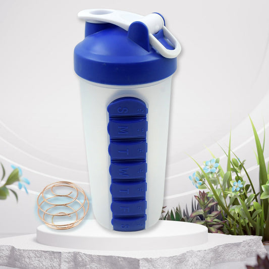 2 In1 Pill Shaker Cup Vitamin Holder Water Bottle with Pill Holder Daily Medicine Planner Shaker Water Bottle pillboxes Organizer pre Workout Shaker Fitness pp Bracket Portable (600 ML)