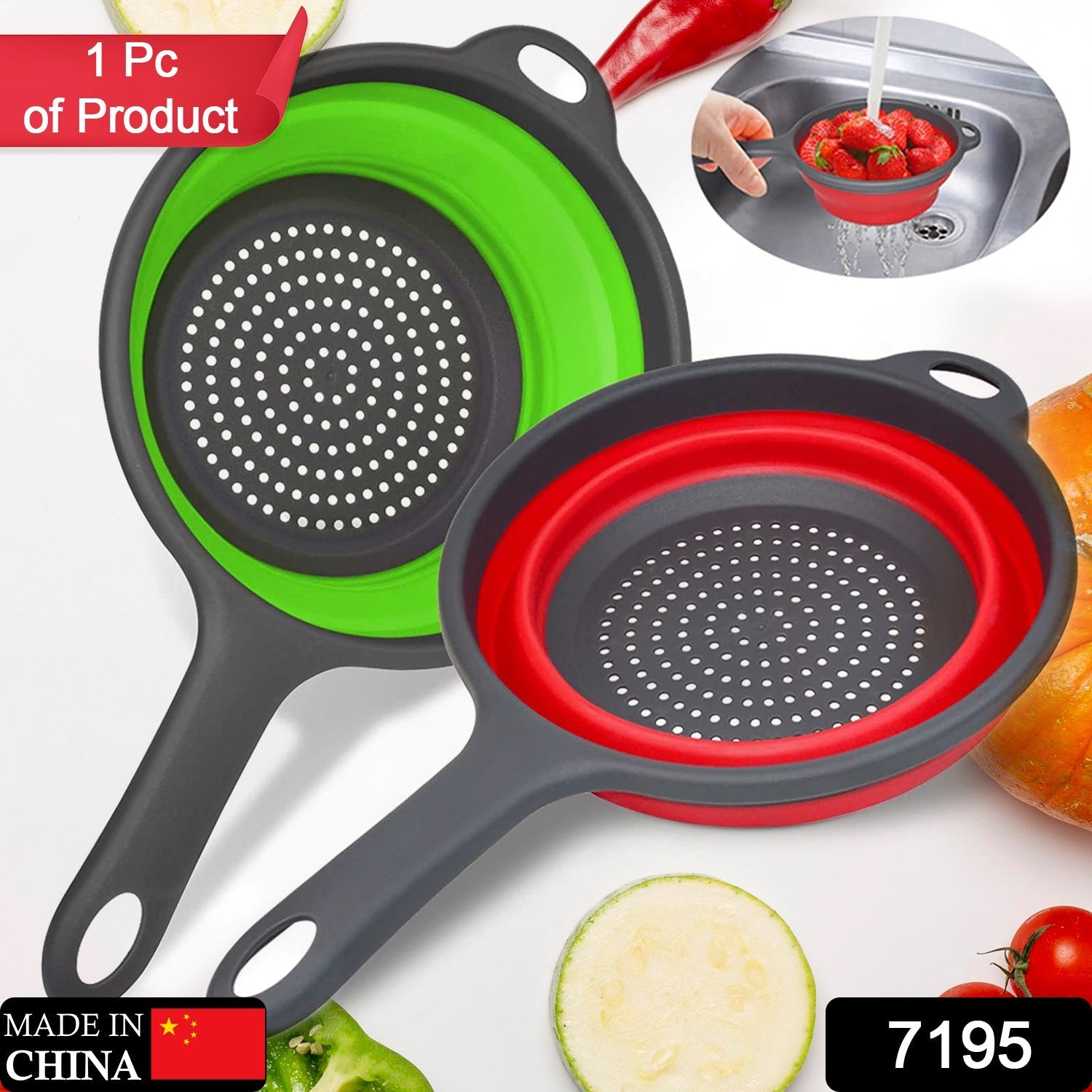 7195 Silicone Collapsible Colander Vegetable Fruit Washing Drain Strainer Basket Strainer Foldable Colander with Handle || Silicone Collapsible Colander || Fruit Basket Filter Drainer DeoDap