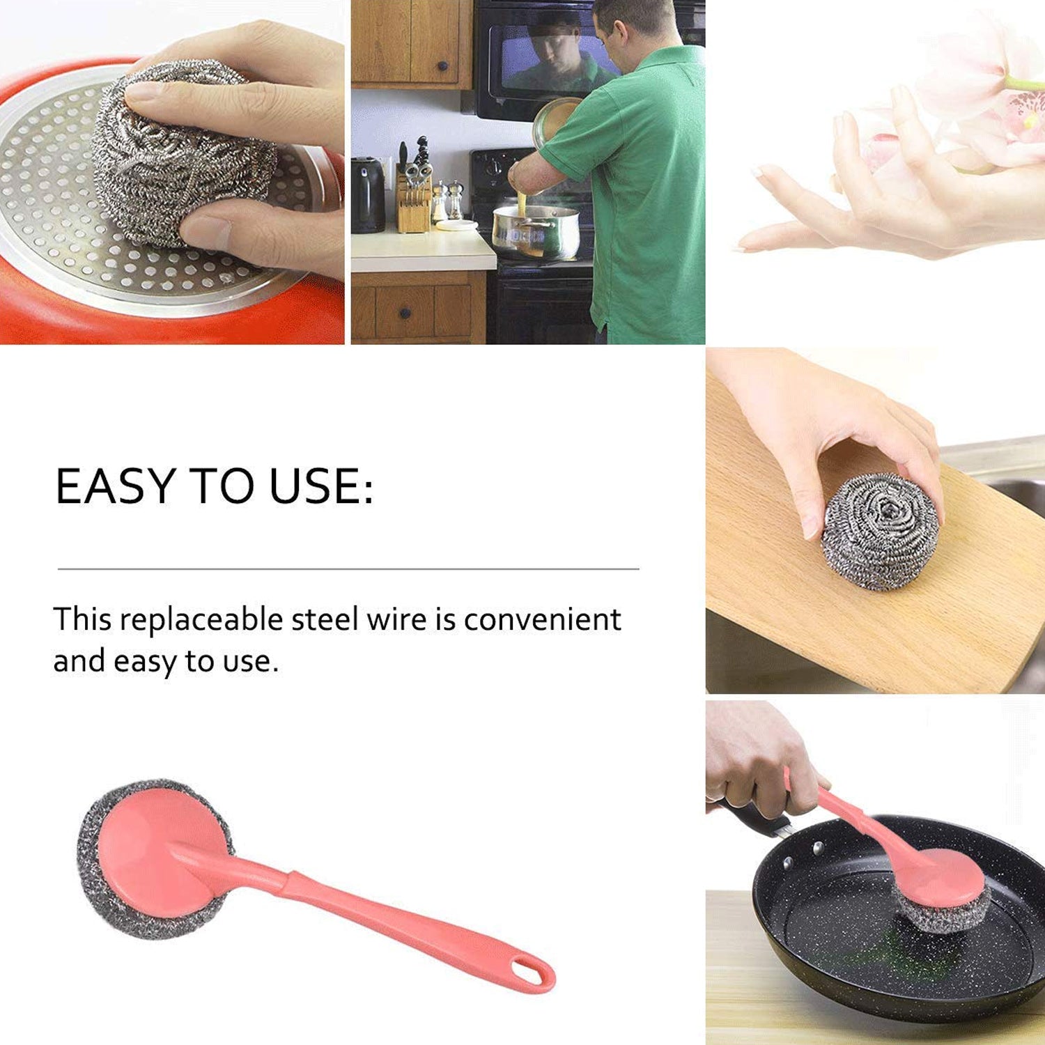 Scrubber with handle for effective cleaning of kitchen and hard stains.