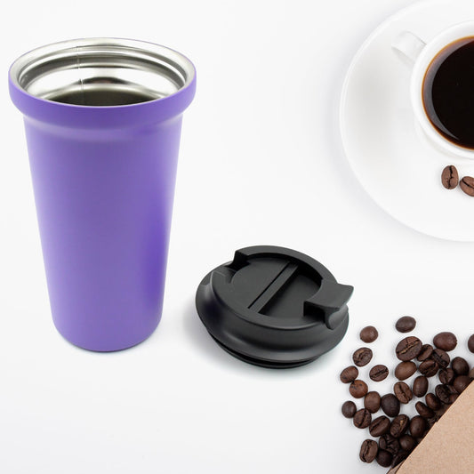 Double-walled coffee cup with stainless steel inside and plastic outside.