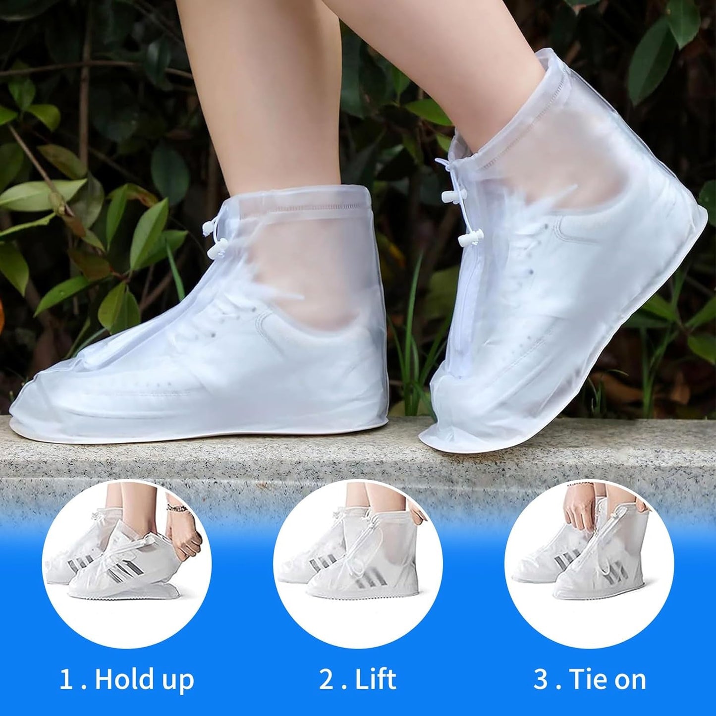 Plastic Shoes Cover Reusable Anti-Slip Boots Zippered Overshoes Covers Transparent Waterproof Snow Rain Boots for Kids / Adult Shoes, for Rainy Season (1 Pair / White)