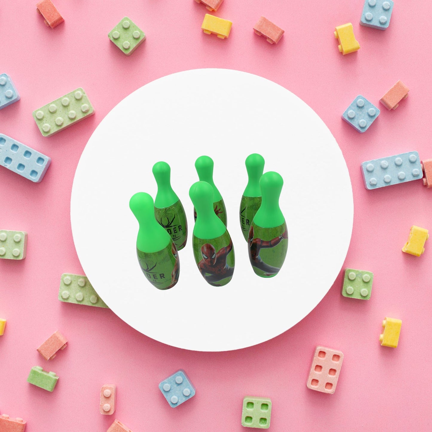 Bowling pins and ball arranged for children's game