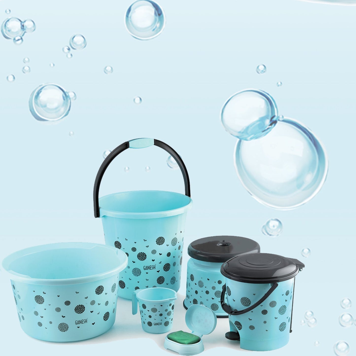 8711 PLASTIC BATHROOM ACCESSORIES SET 6 PCS BATH SET BATHROOM BUCKET WITH DUSTBIN MUG, STOOL, SOAP CASE,TUB 