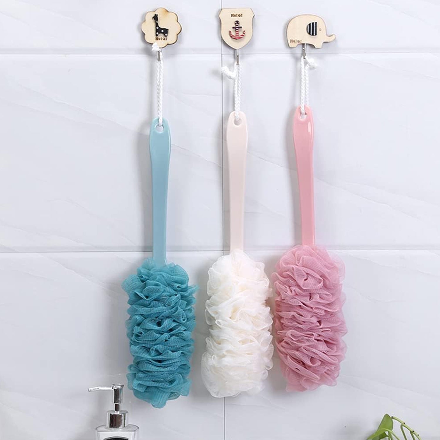 6702 Loofah Back Scrubber for Shower, Long Handle Bath Sponge Shower Brush, Soft Nylon Mesh Back Cleaner Washer, Body Bath Brush for Women and Men, Bathroom Shower Accessories 