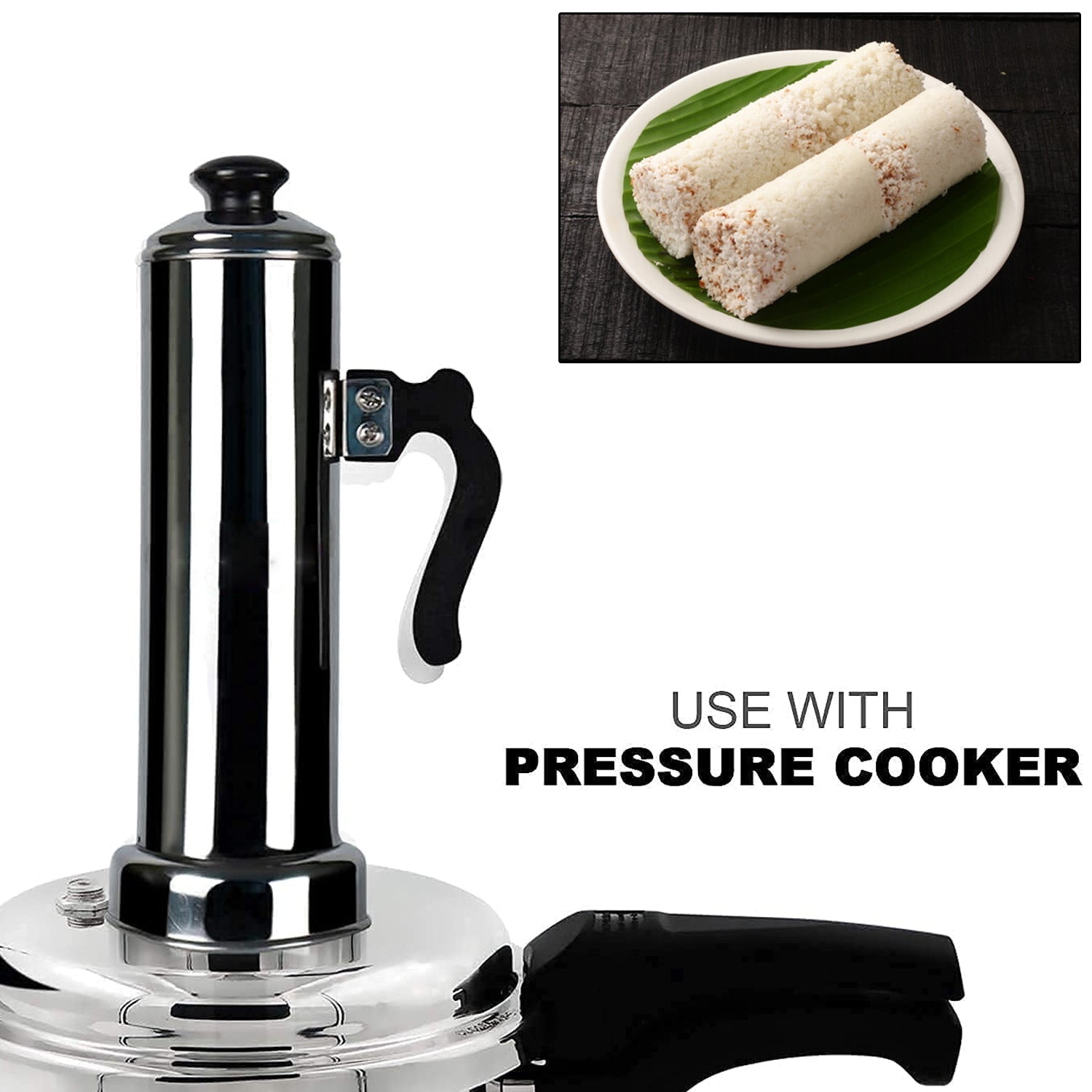 5311 Puttu Maker with Steamer Plate, Metal Stick, Black Plastic Handle, Silver Lid,  Puttu Maker Set  To Use with Pressure Cooker Top, Food Grade Stainless Steel 