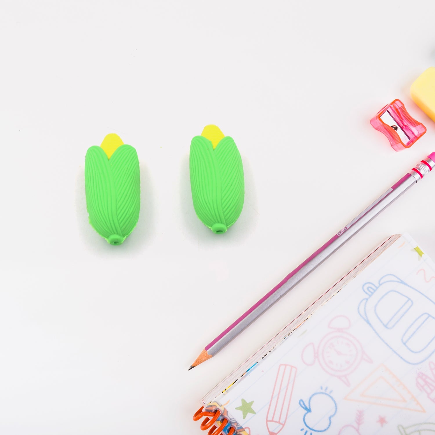 High-quality erasers shaped like corn, set of two