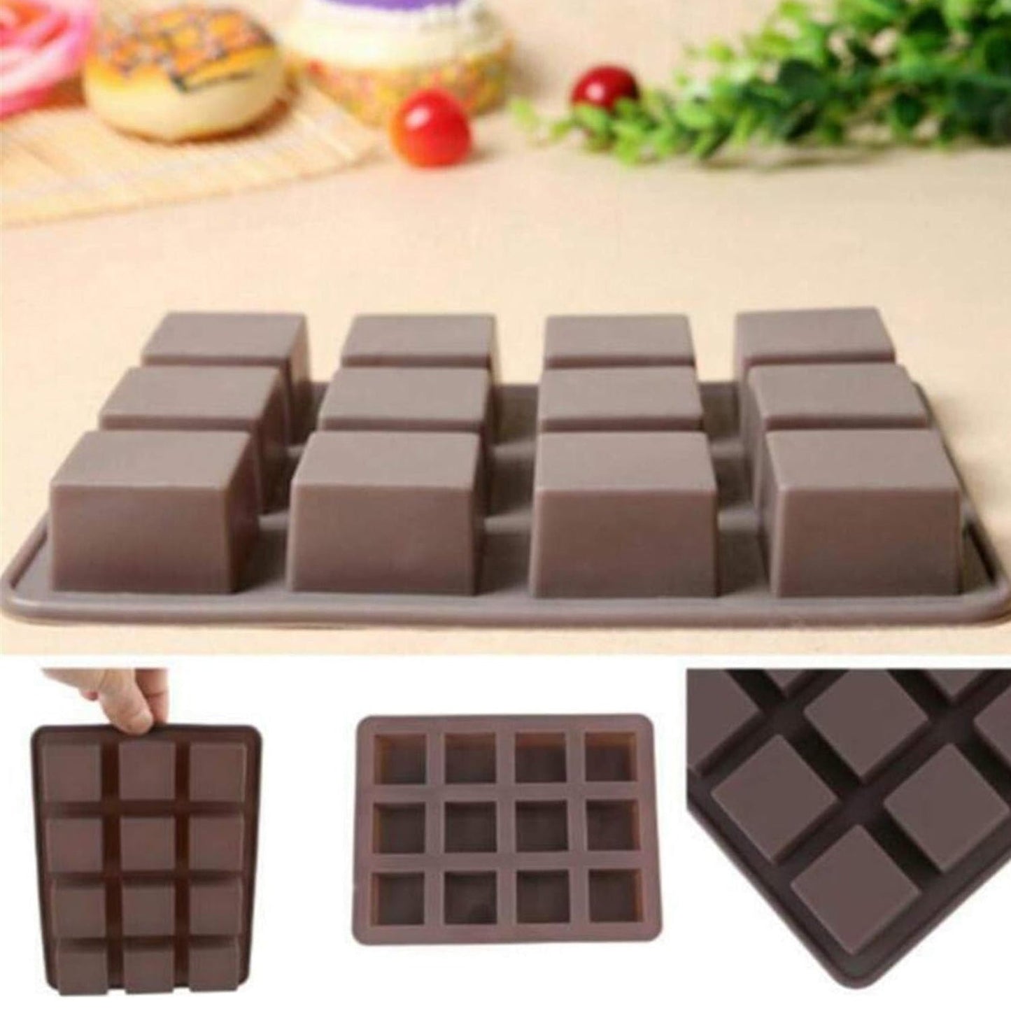 Silicone Chocolate Mould 12 Cavity Square Shape Mould Candy Mold Baking Tools For Cake Chocolate, Food Grade Non-Stick Reusable, Baking Trays (1 pc)