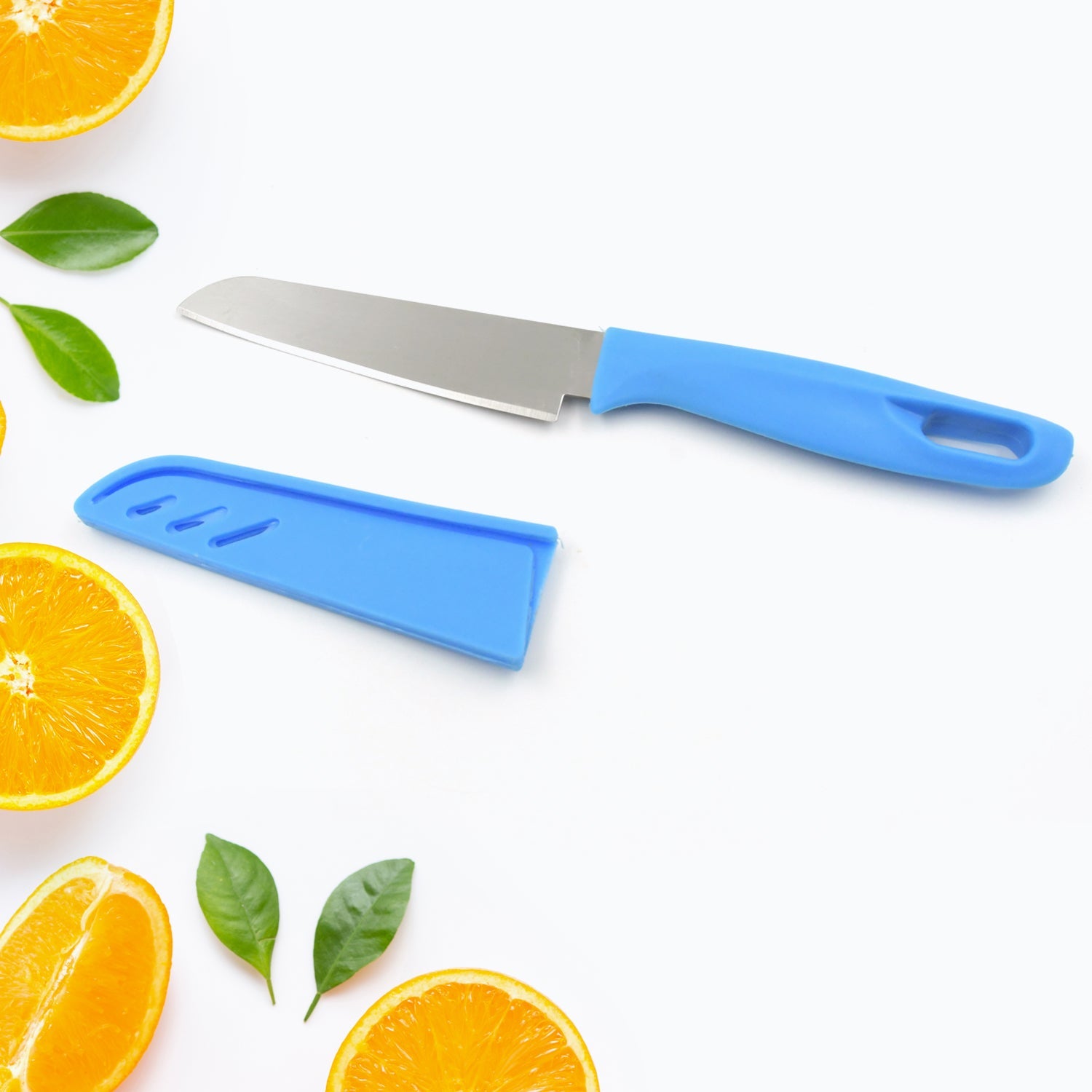 Stainless steel kitchen knife with non-slip handle.