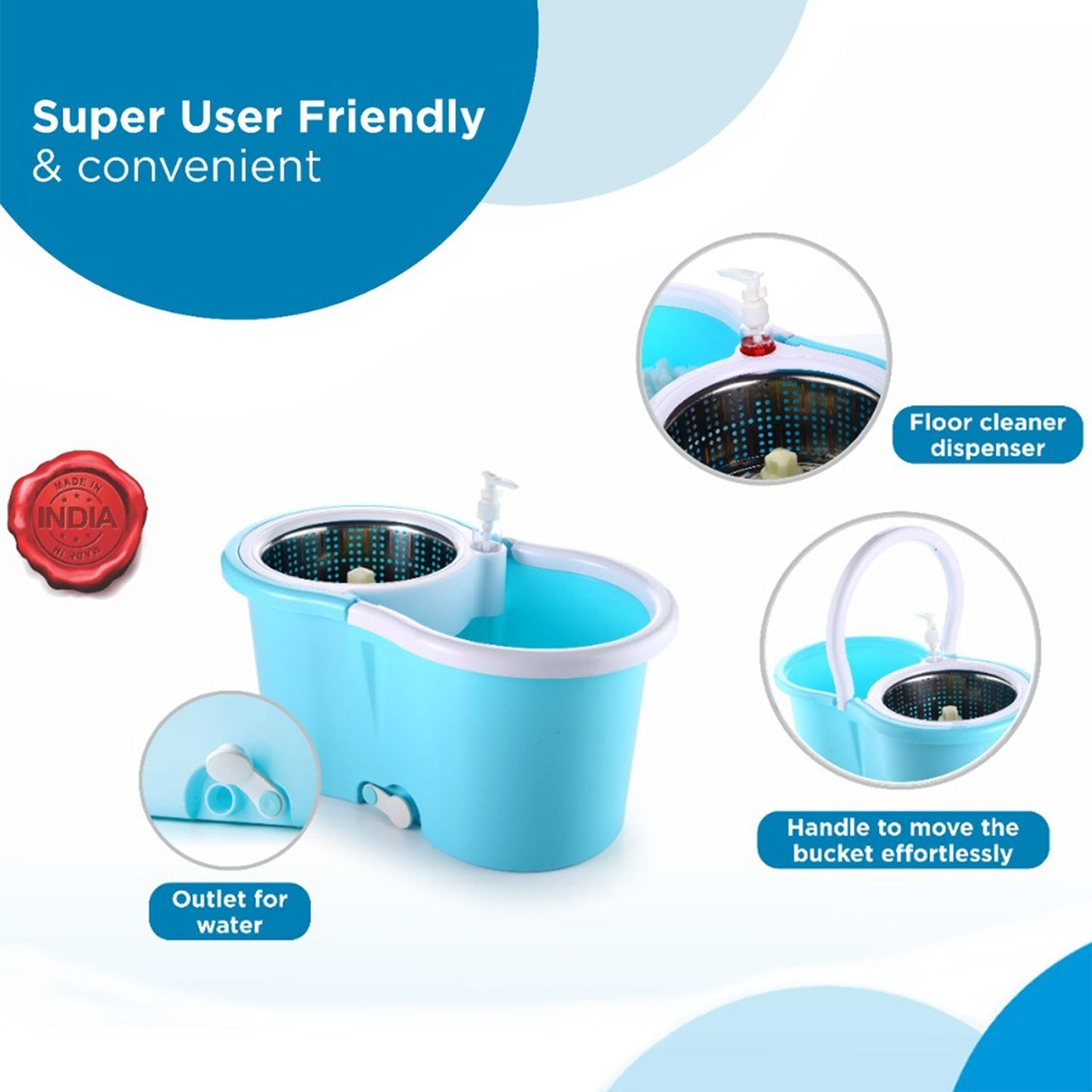 Steel spinner bucket mop with self-spin wringing by Ganesh, detailed views.