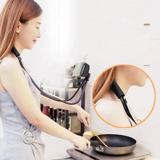 Flexible mobile phone stand with long arms, designed for neck use.