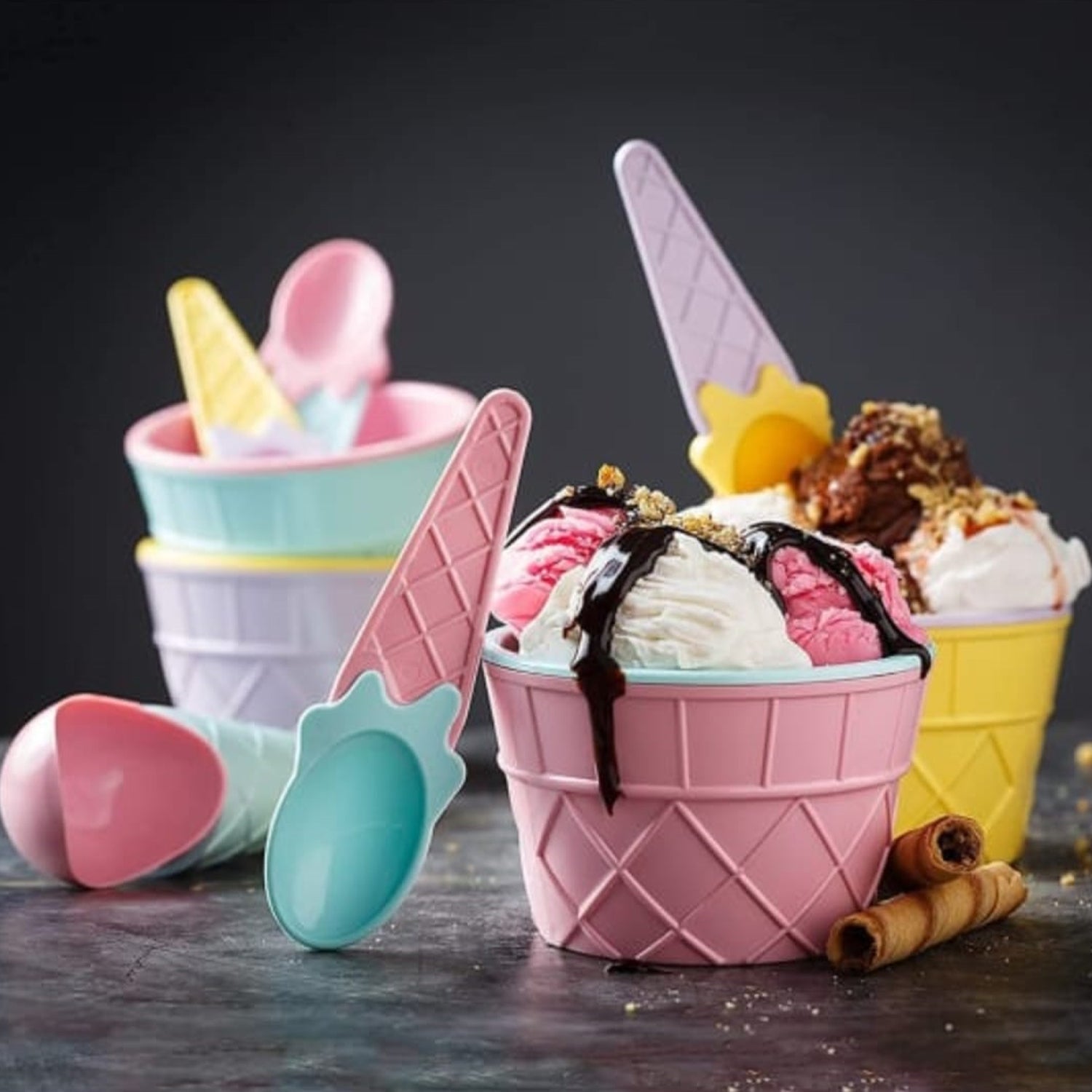 5320 Ice-Cream Waffle Spoon Bowel Cup Set | Premium ice Cream Set | Ice-Cream Bowel with Spoon 2pc Couple Bowl Set 