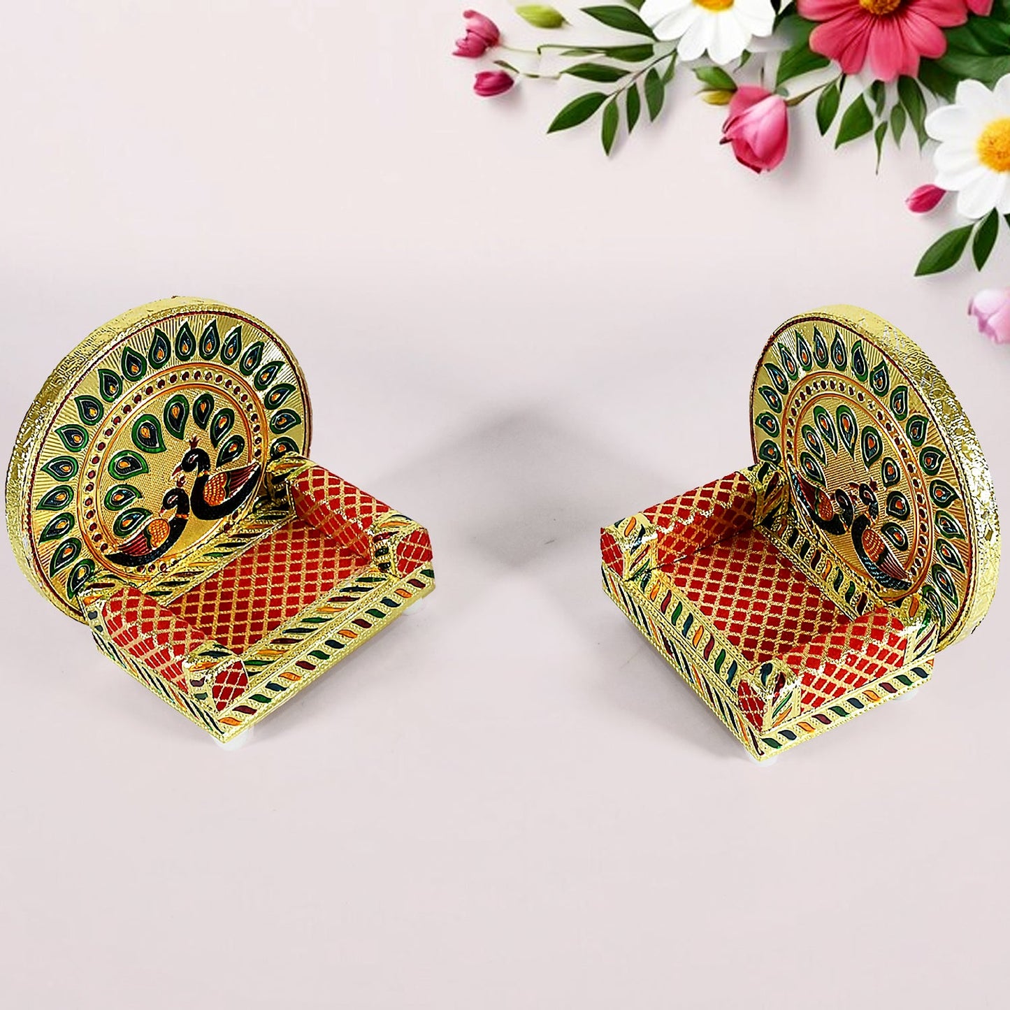 Meenakari Work Laddu Gopal Singhasan for Pooja Mandir Wooden Krishna Ladoo Bal Gopal Sofa Asan, Home Decorative Premium Look Decorative Singhasan Suitable For Home, Office, Restaurant (2 Pc Set)