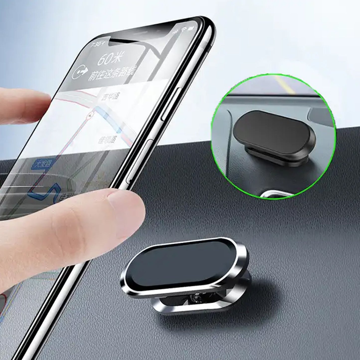 Compact magnetic holder for car dashboards.