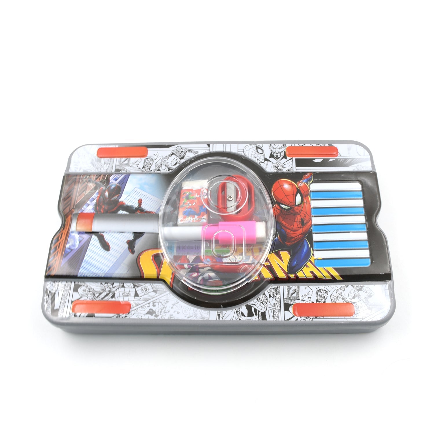 Metal pencil case with fun cartoon print, including sharpener, eraser, and marker