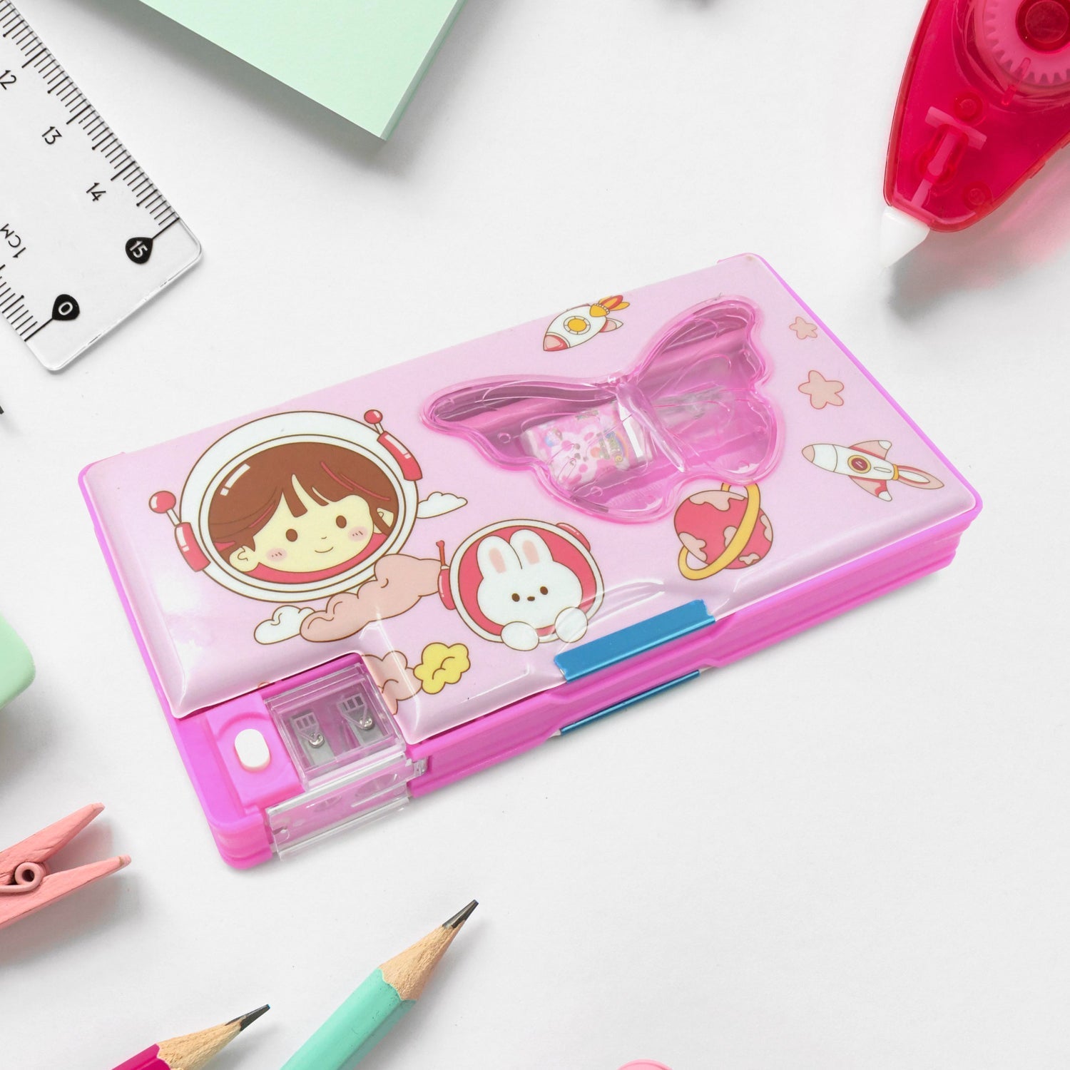 Printed pencil case with multiple compartments for kids