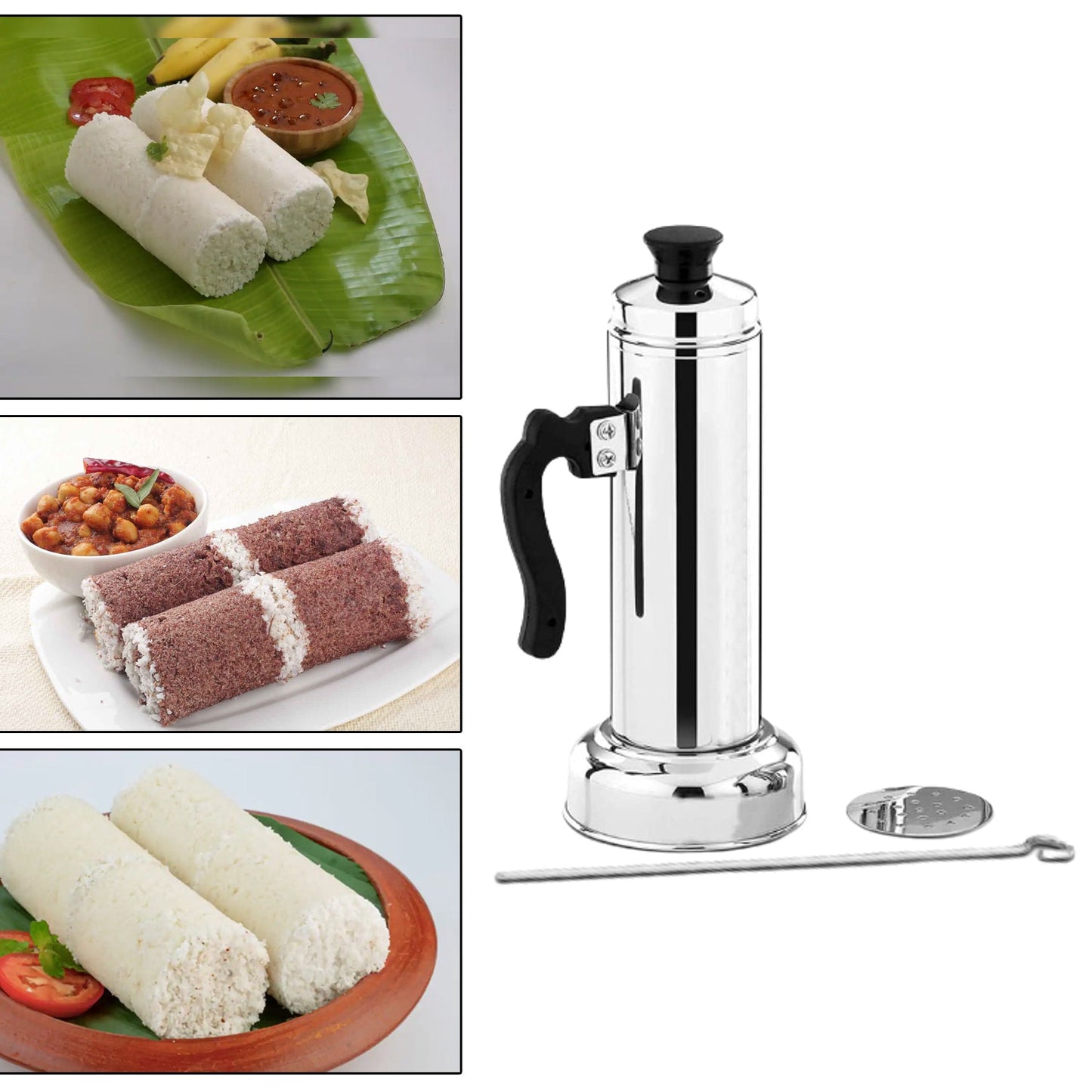 5311 Puttu Maker with Steamer Plate, Metal Stick, Black Plastic Handle, Silver Lid,  Puttu Maker Set  To Use with Pressure Cooker Top, Food Grade Stainless Steel 