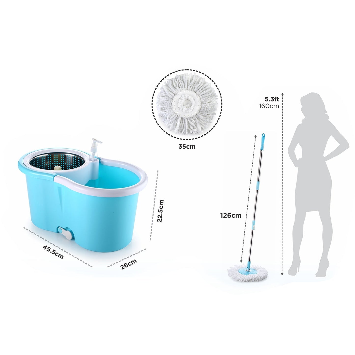 Ganesh 360-degree steel spinner mop, bucket with absorbers, shown from different angles.