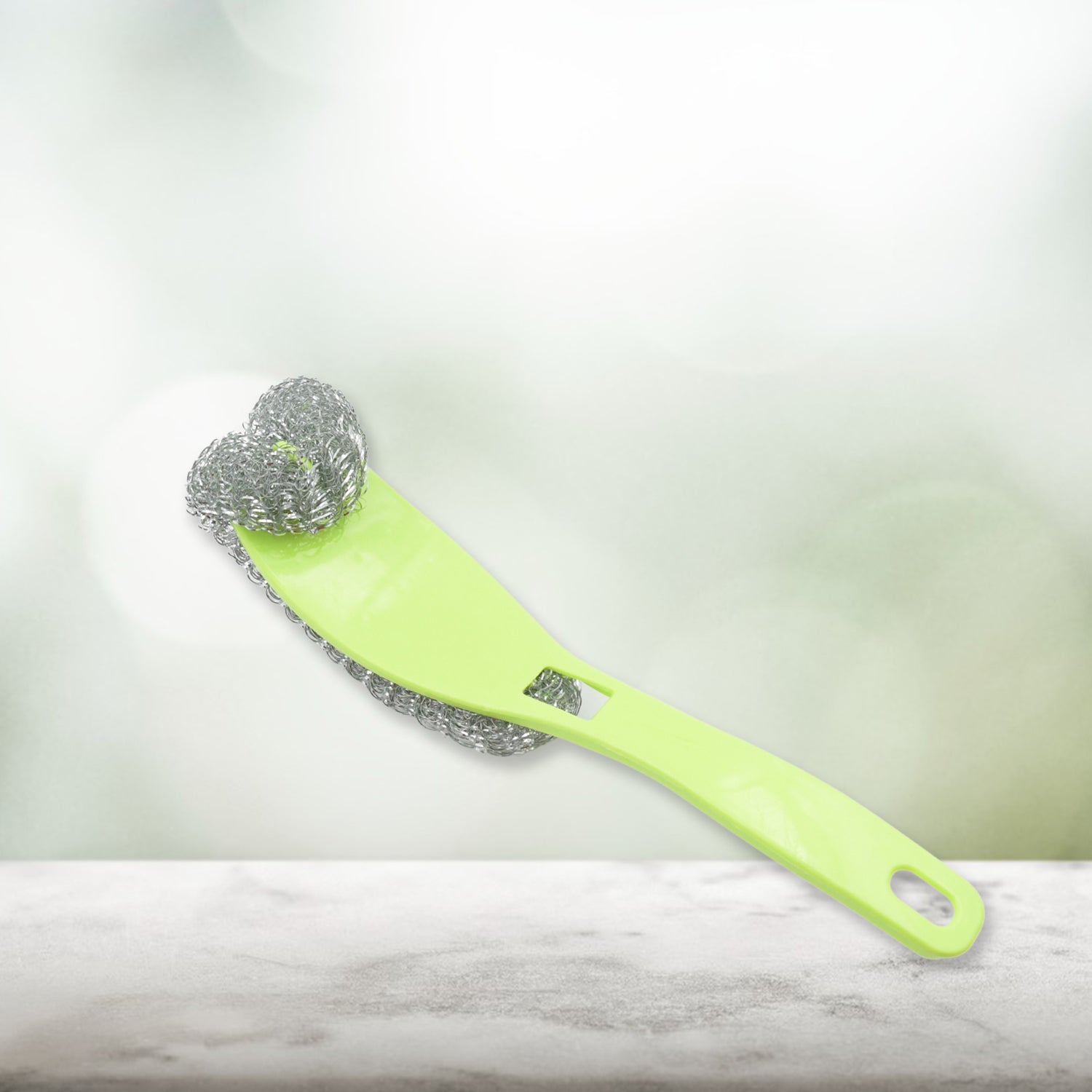 Pot washing brush with small head and flexible handle for better grip.