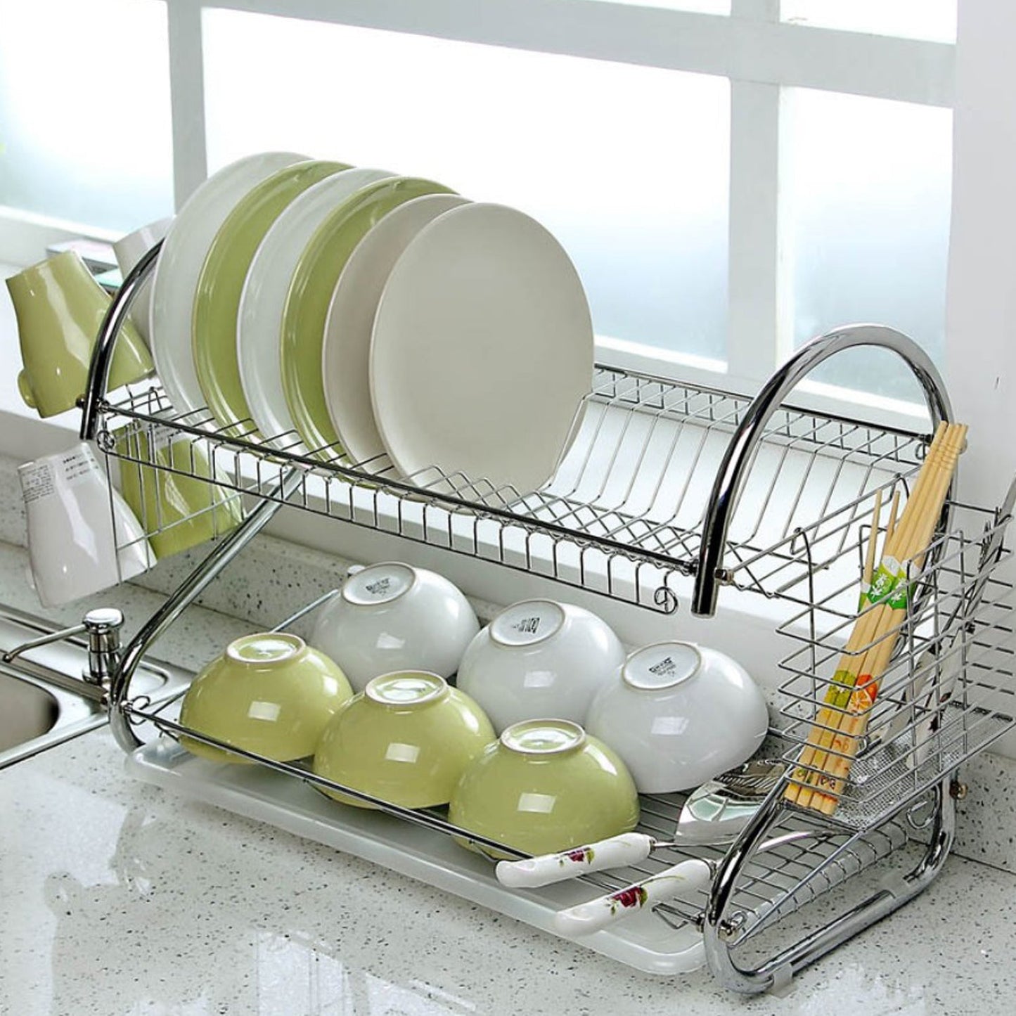 2962 Stainless Steel 2 Layer Kitchen Dish Rack/Plate Cutlery Stand 