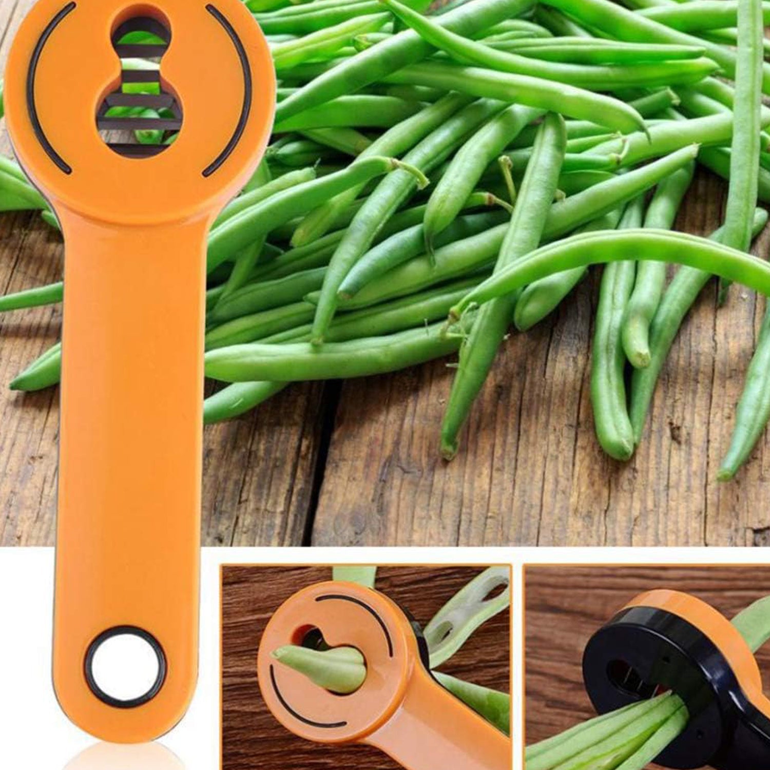 Easy-to-use kitchen tool for slicing, shredding, and grating beans and vegetables.