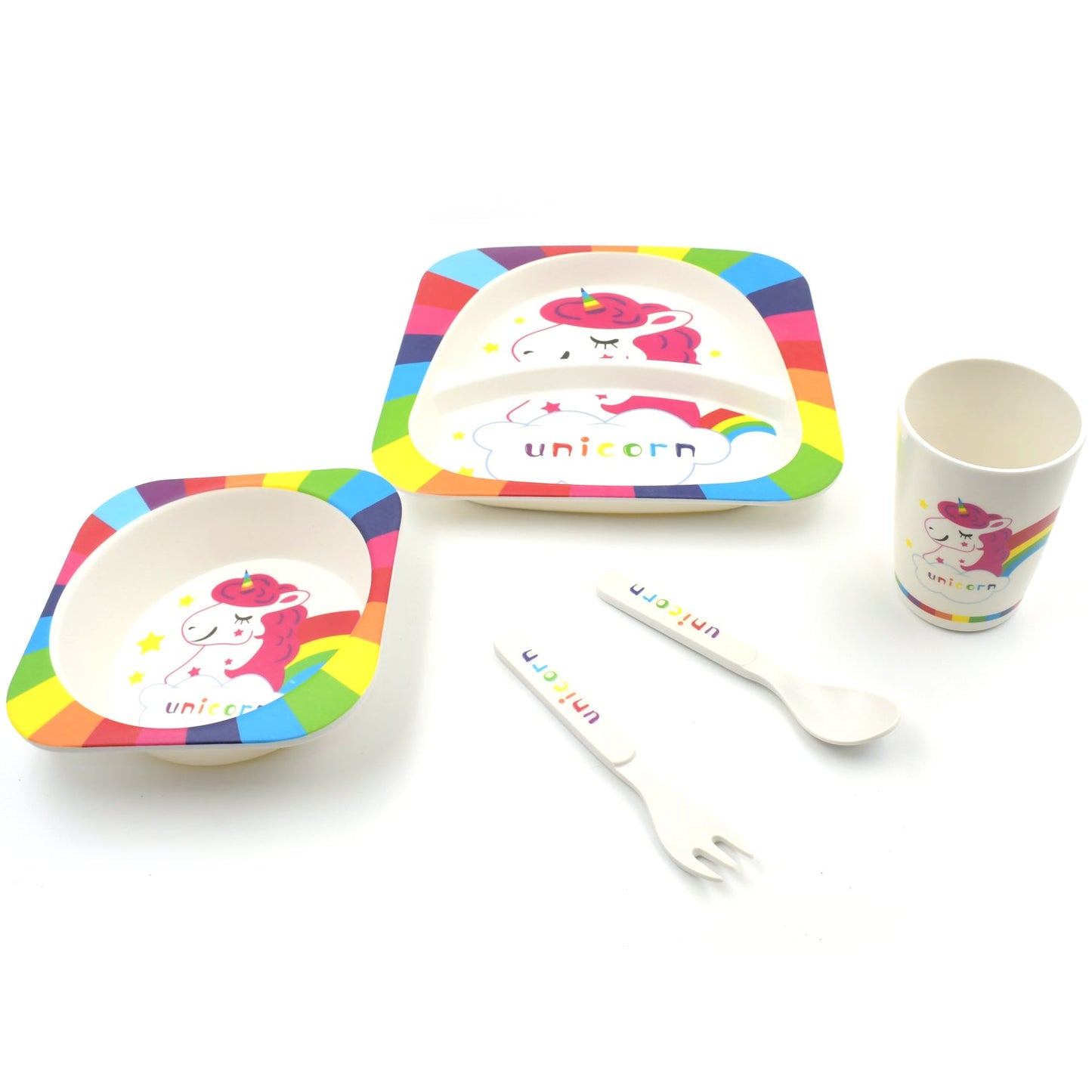 5747 Bamboo Fiber Kids 1 Bowl, 1 Spoon, 1 Fork, 1 Glass, 1 Plate Unicorn Design for Kids and Toddlers, Children Dinnerware Set - Feeding Set for Kids, Cartoon Design Tableware Microwave & Dishwasher Safe (5 Pcs Set)