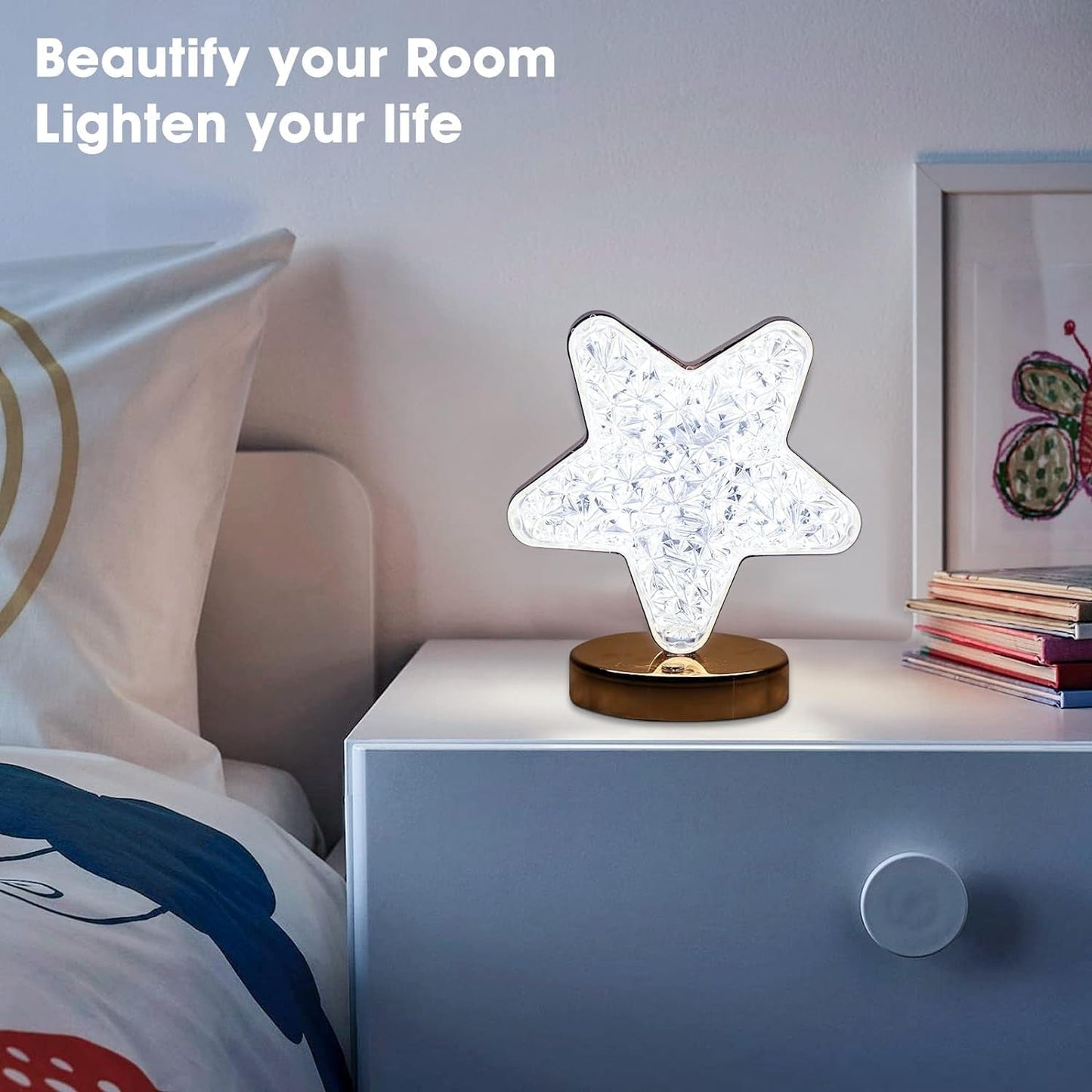 12571 Star Shape Crystal Diamond Lamp Cordless Luxury Lamp with USB Rechargeable, 3-Way Dimmable & Touch Control Decorative Nightstand Lamp for Bedroom, Living Room, Party, Restaurant Decor (1 Pc )