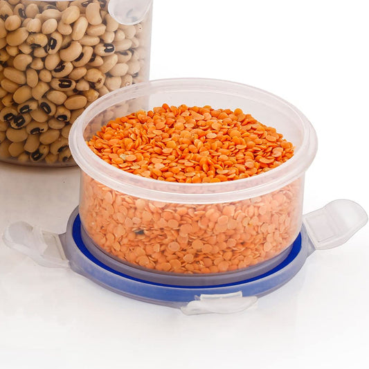 Round food storage containers with leakproof and airtight lids, available in multiple sizes.