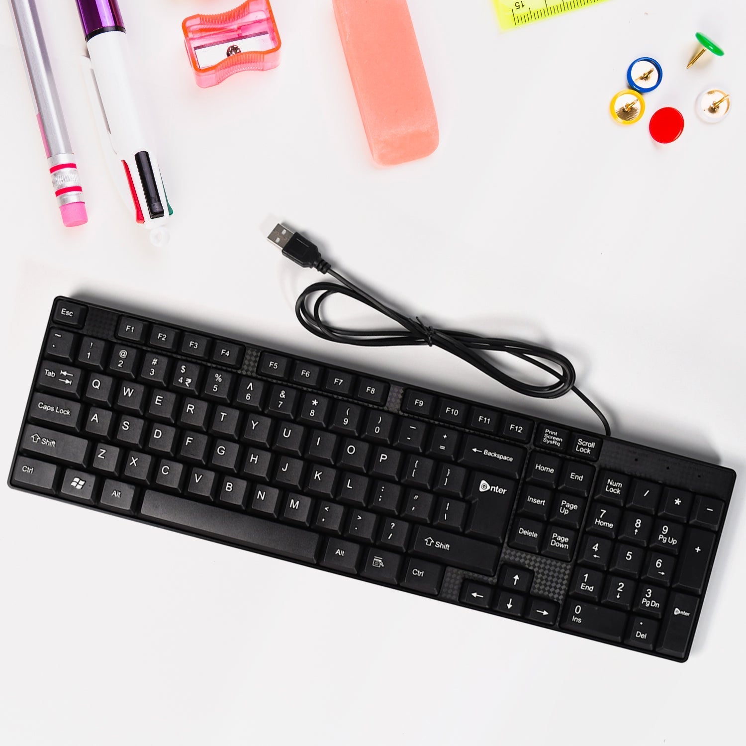 7328 Wired USB 102 Keys, Ergonomic Portable Typewriter Keyboard for Home Office, Plug and Play 