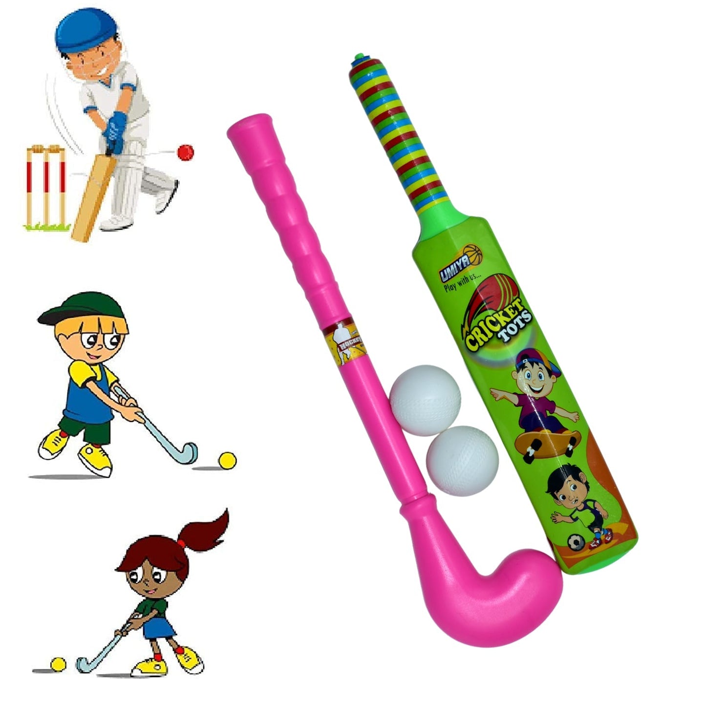 8002 Combo of Light Weight Plastic Bat, Ball & Hockey for Kids, Boys, Indoor, Outdoor Play DeoDap