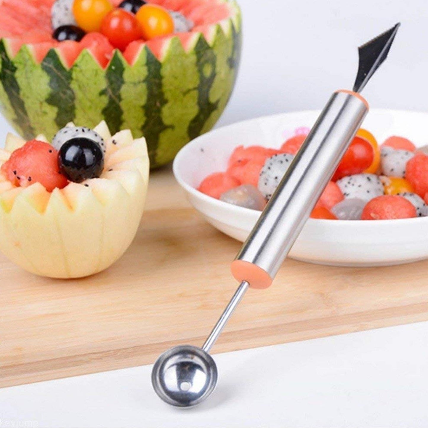 5335 Multifunctional 2 in 1 Melon Baller - Stainless Steel Dig Scoop with Fruit Carving Knife. 