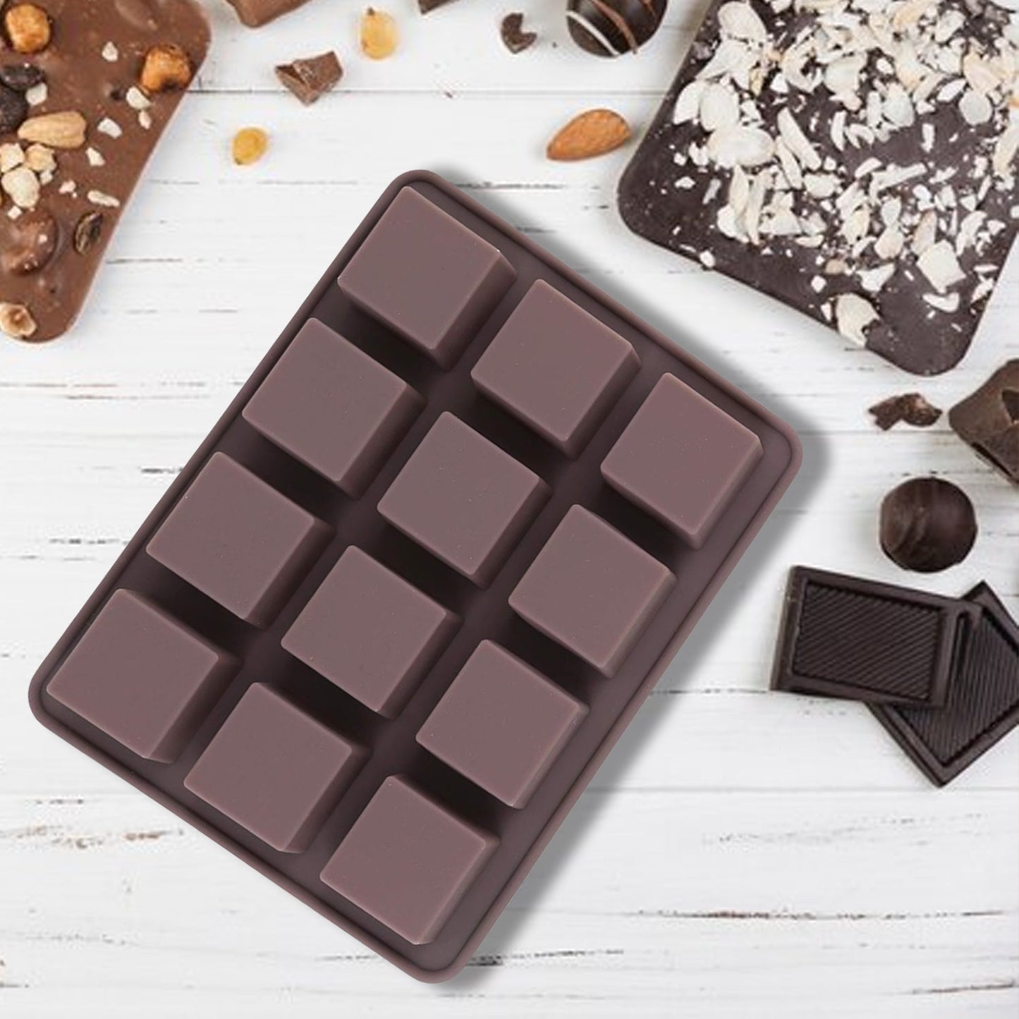 Silicone Chocolate Mould 12 Cavity Square Shape Mould Candy Mold Baking Tools For Cake Chocolate, Food Grade Non-Stick Reusable, Baking Trays (1 pc)