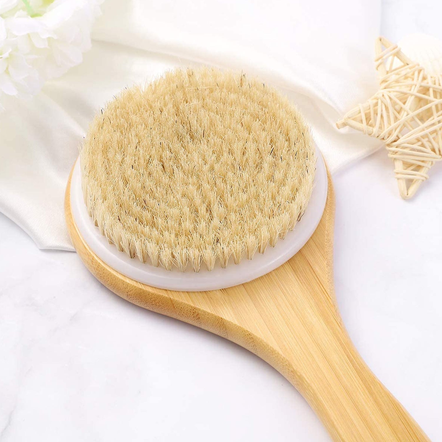 6700 Body Brush Dry Brushing Back Scrubber Shower Bath Brush Bamboo Long Handle Natural Bristles exfoliating Massage Improve Blood Circulation Cellulite DeoDap