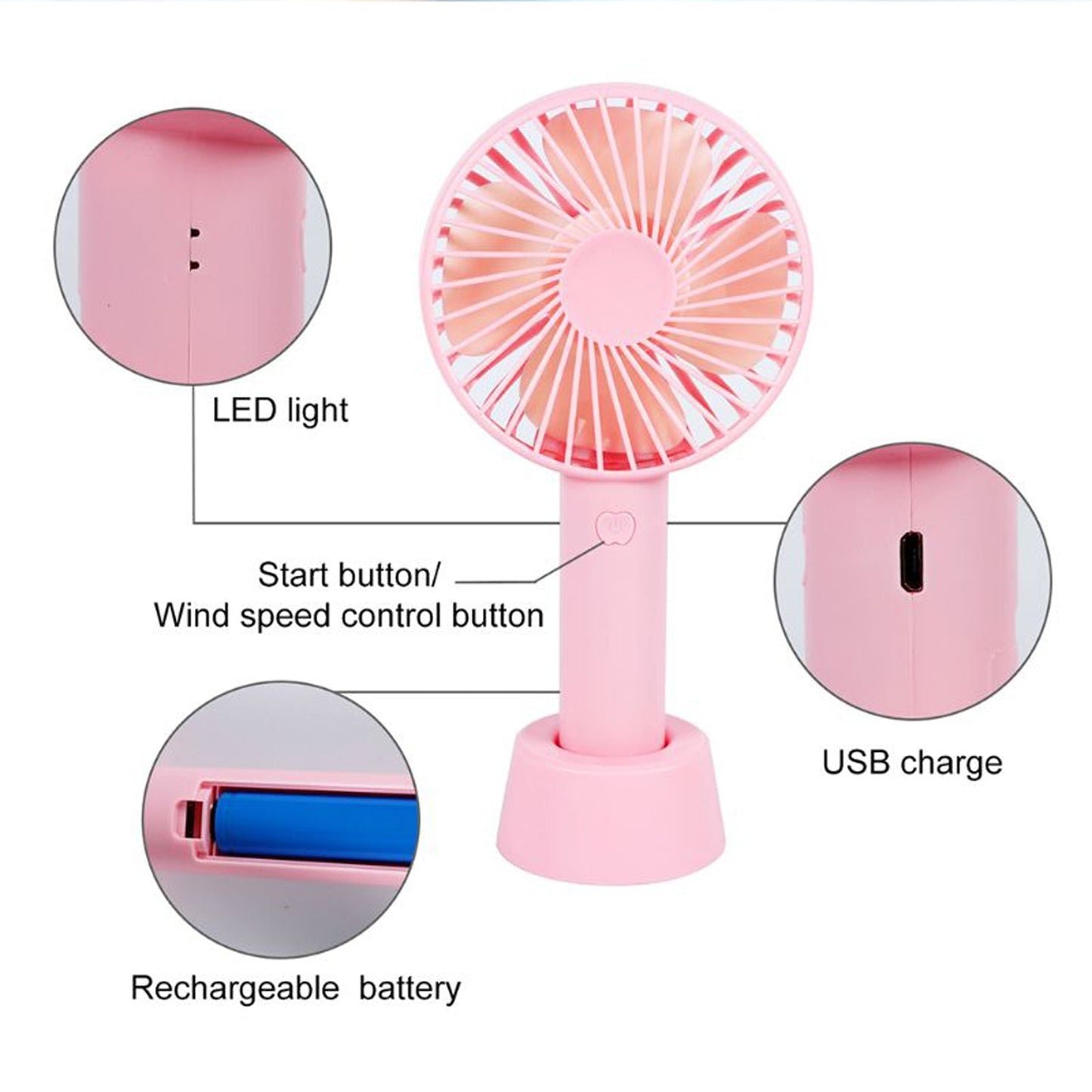 Lightweight handheld fan, battery-operated for personal cooling.