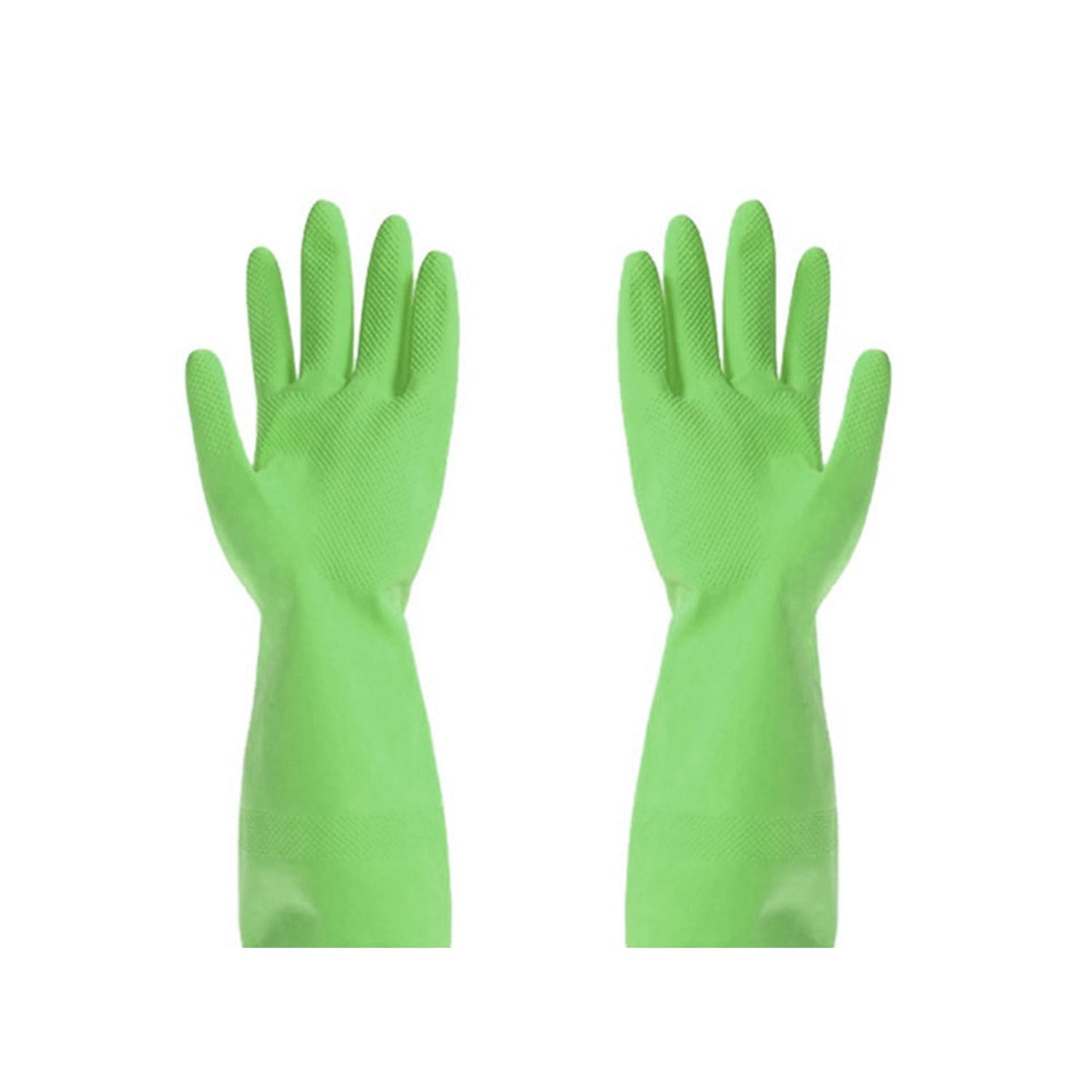 Green rubber gloves designed for cleaning purposes.