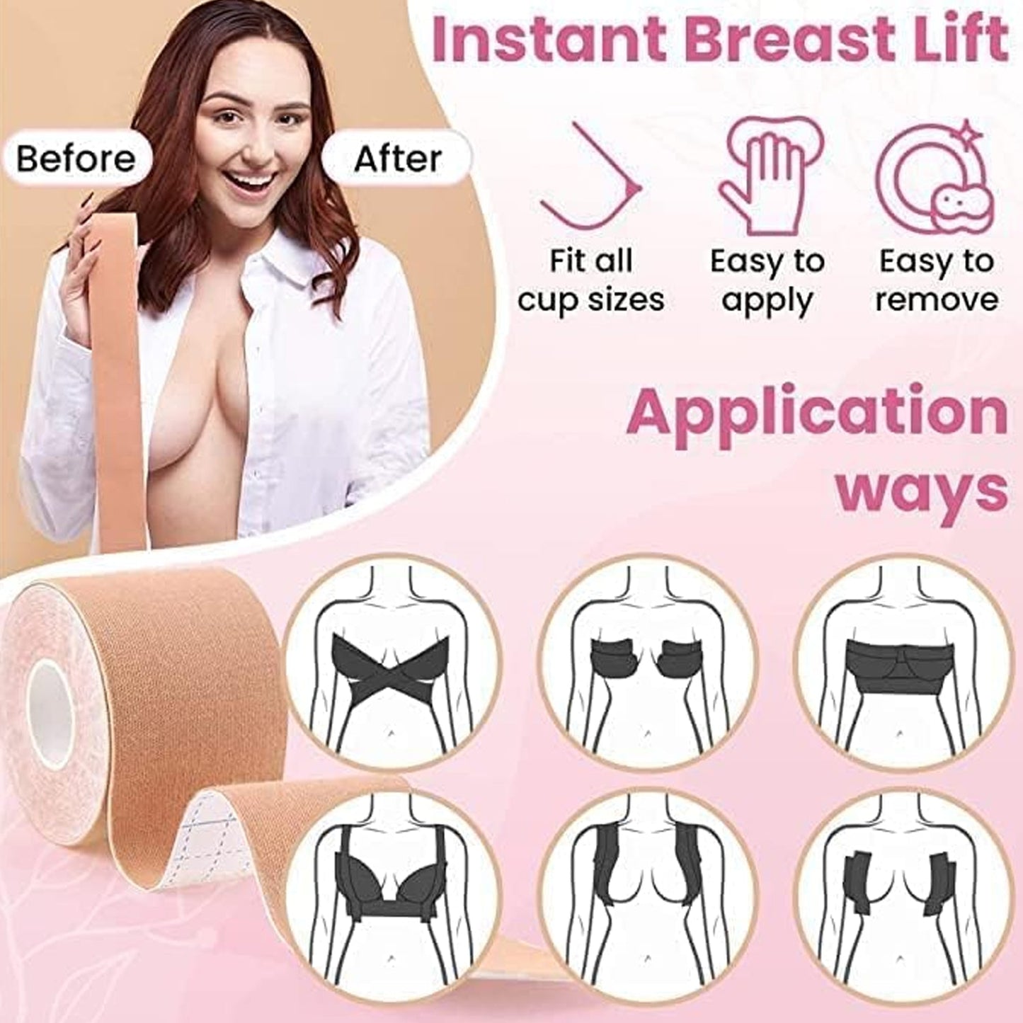 6596 Boob Tape with 10 Pairs Nipple Cover Cotton Wide Thin Breast Tape - Women's & Girl's Breast Lift Booby Tape - Push Up & Lifting Tape - Suitable for All Breast Types - Breast Lift Bra Tape - Bob Tape for Natural Breast Lift (1 Pc 5 Meters)