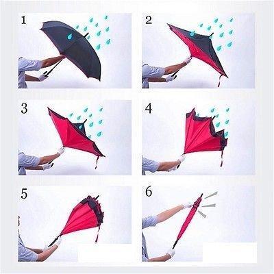 Innovative upside-down umbrella that folds inwards to prevent water drips.