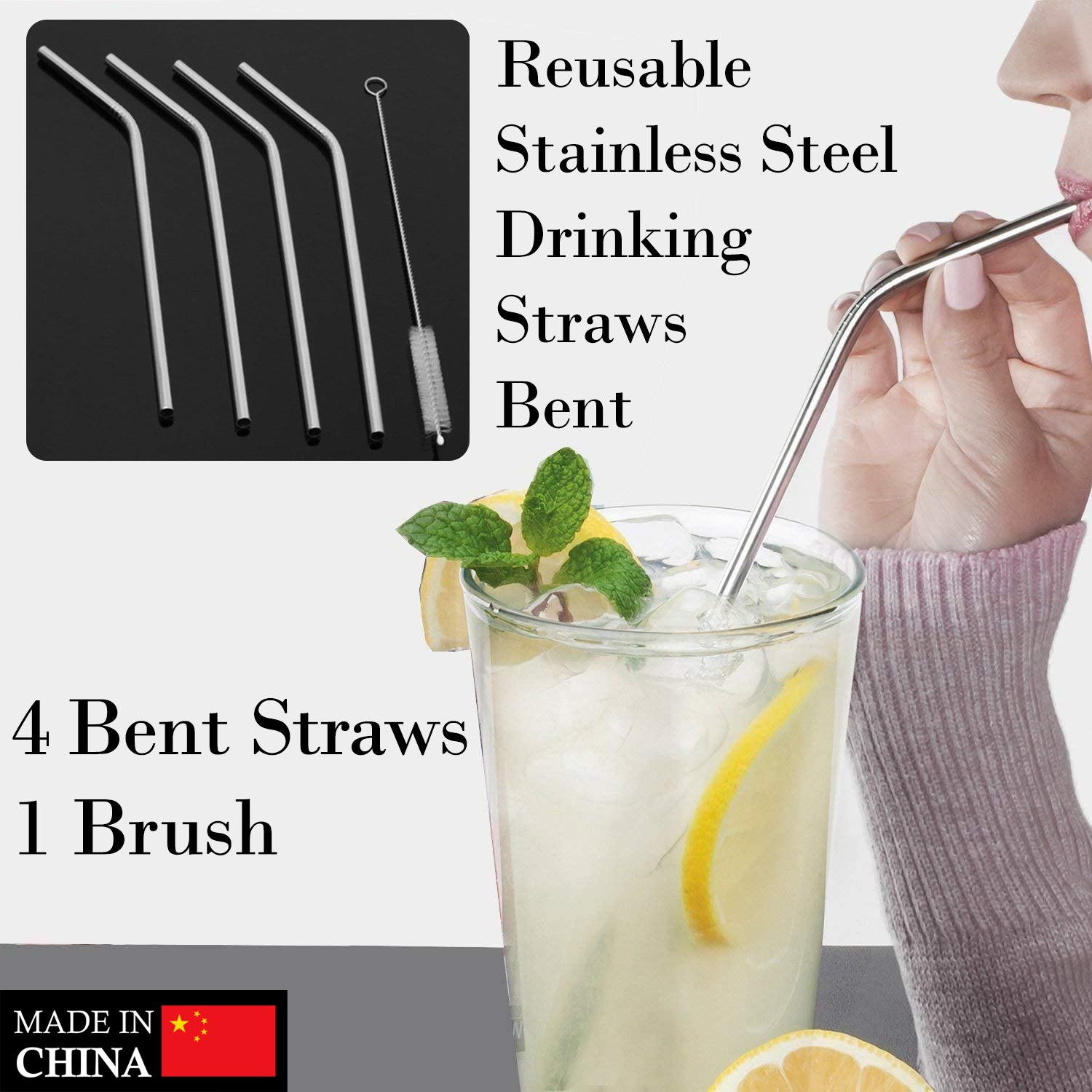 1733 Reusable Stainless Steel Drinking Straws Bent (4 Bent Straws, 1 Brush) 