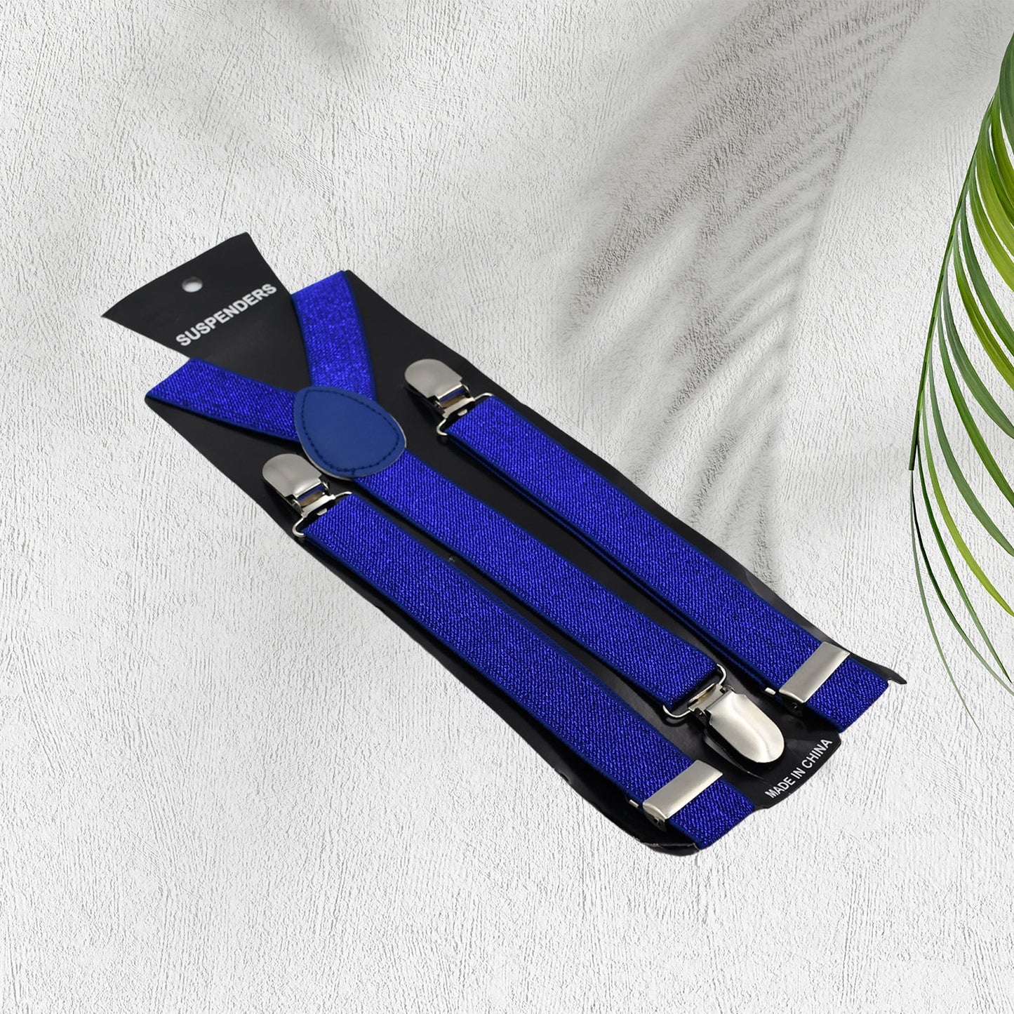 Elastic royal blue suspenders with metal clips.