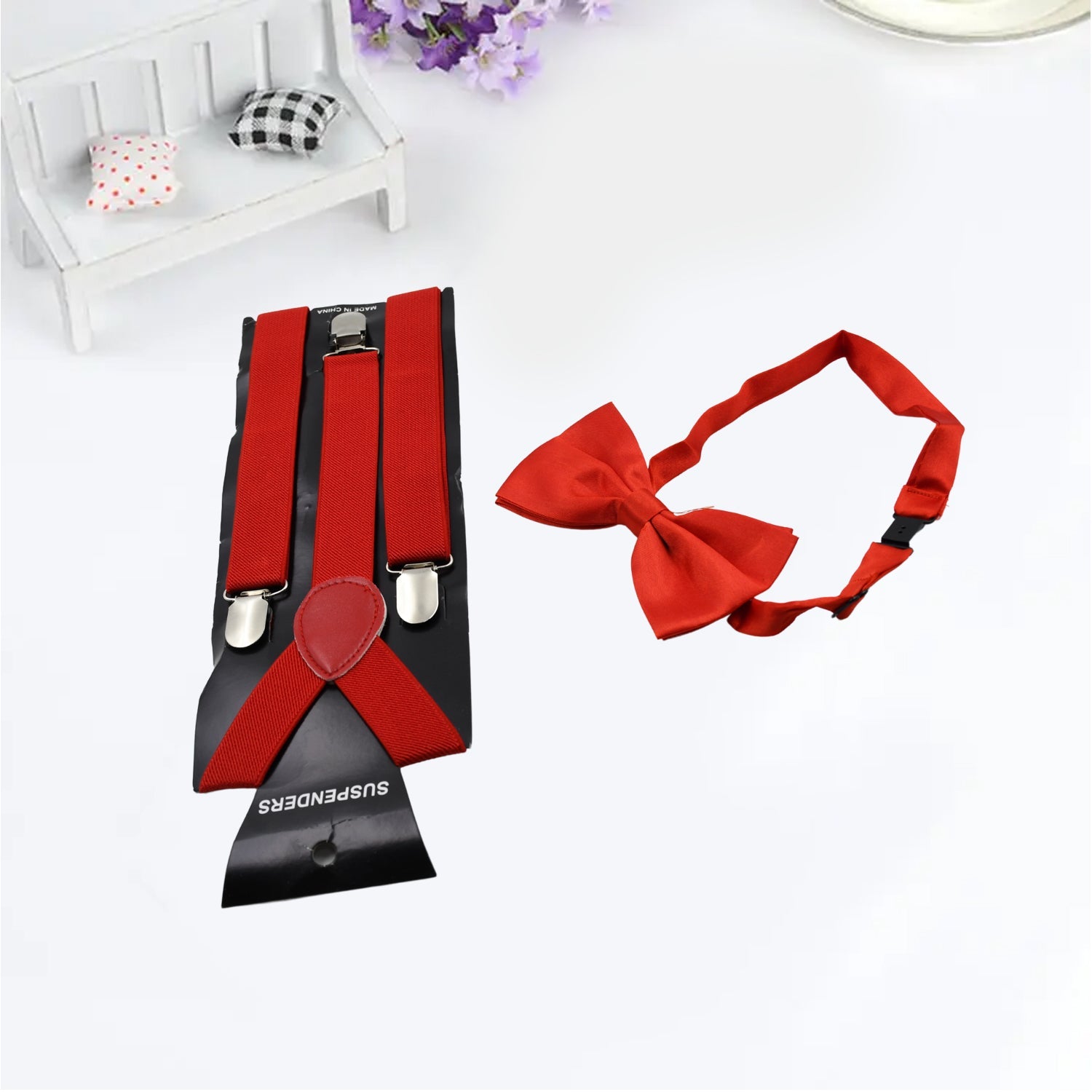 Fashionable men's suspenders with button attachment, elastic Y-back, available in different sizes.