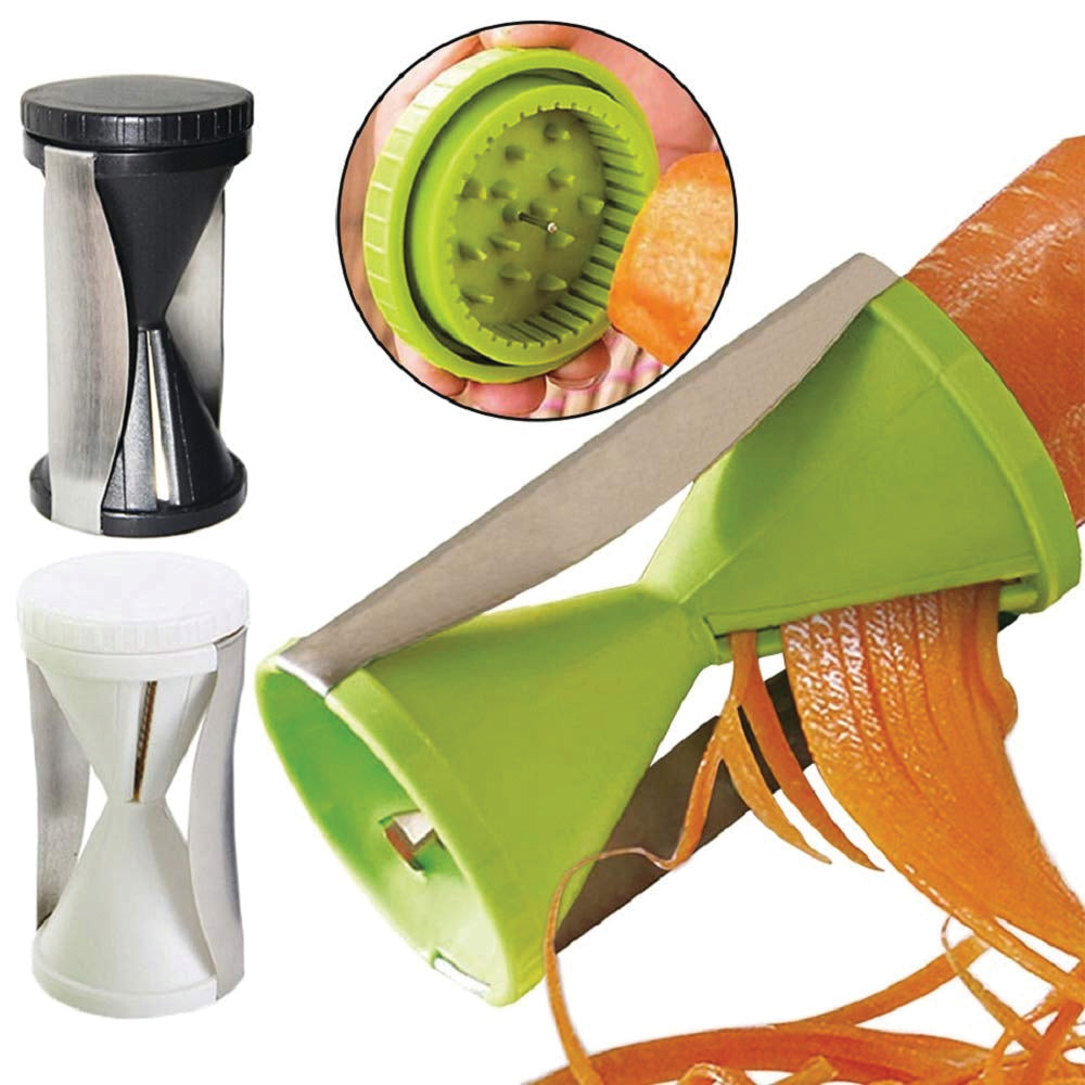 Vegetable spiralizer with grating and slicing options for kitchen use.