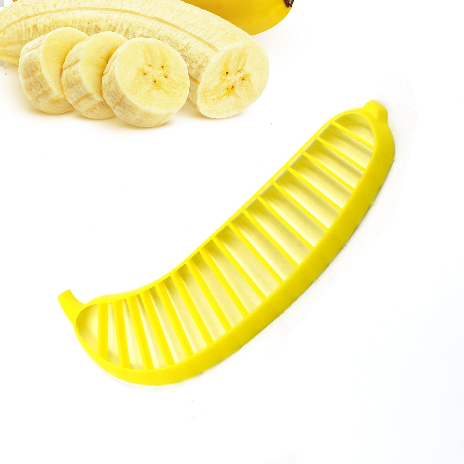 Fruit slicer for bananas, plastic with handle, perfect for making fruit salads.