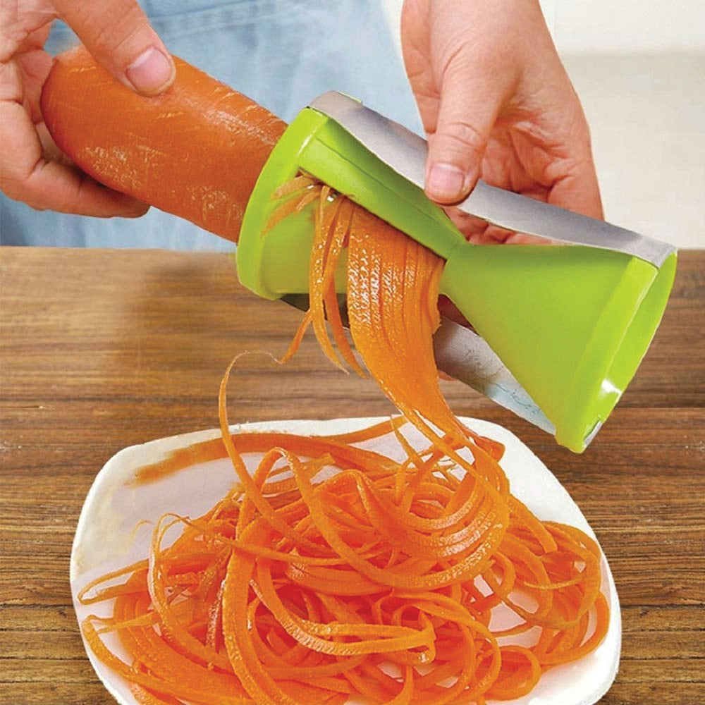 Multi-purpose vegetable slicer with spiral blades for easy cutting.