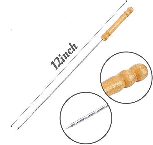 Pack of 12 barbecue skewers with ergonomic handles.