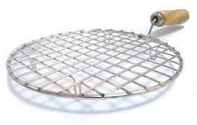 Round stainless steel papad jali with wooden handle for grilling.