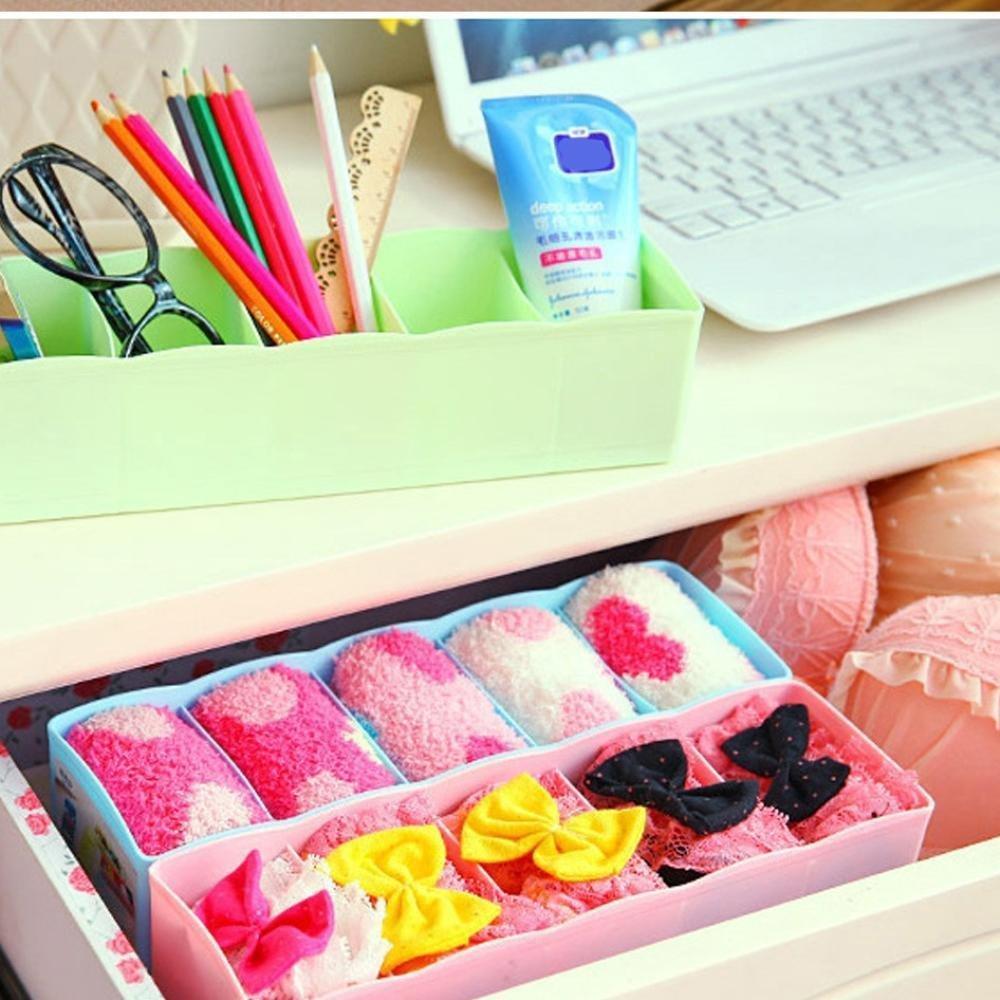 Pack of 2 storage boxes for organizing socks and undergarments with 5 compartments each.