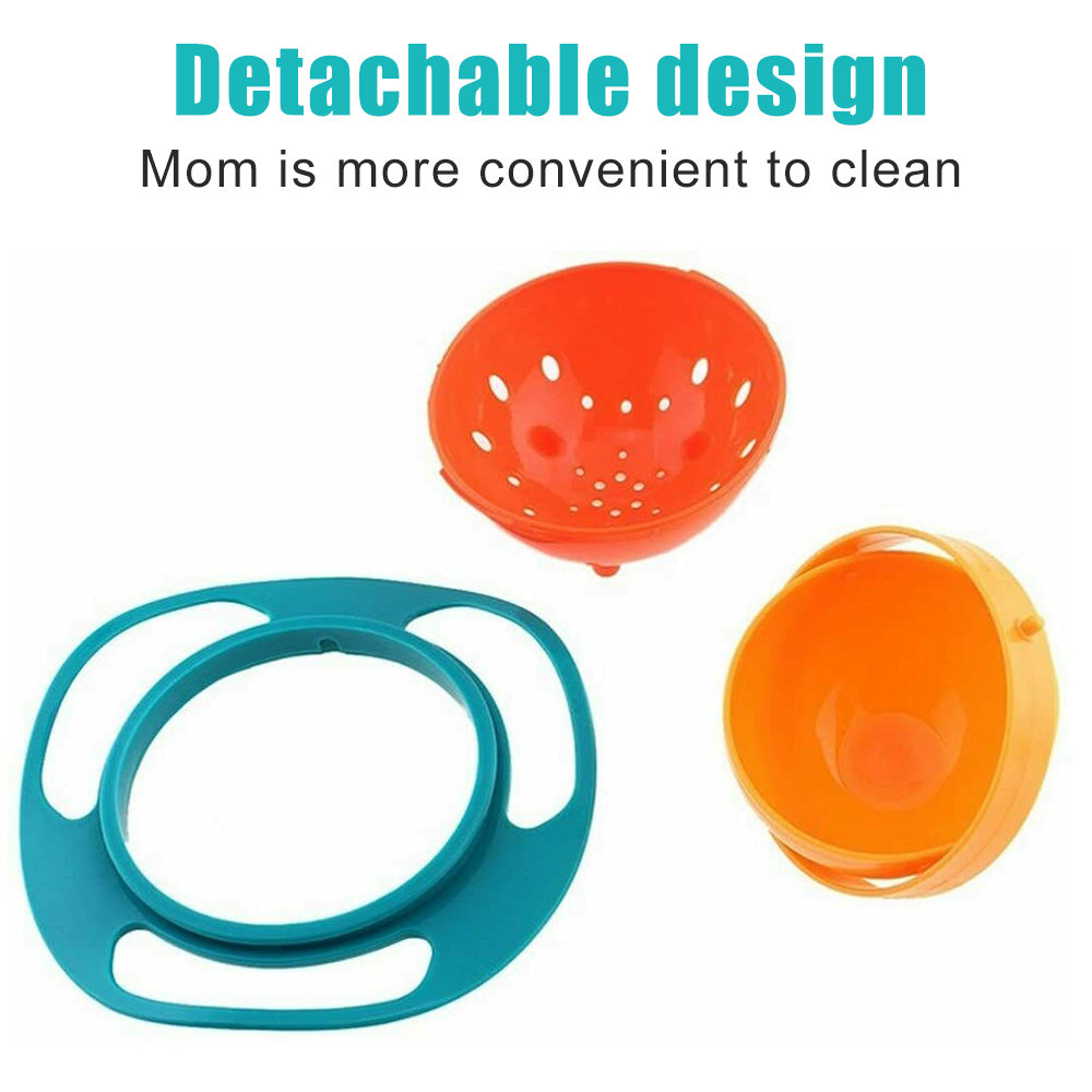 Portable gyro bowl with non-spill feature, rotating design for mess-free toddler feeding.